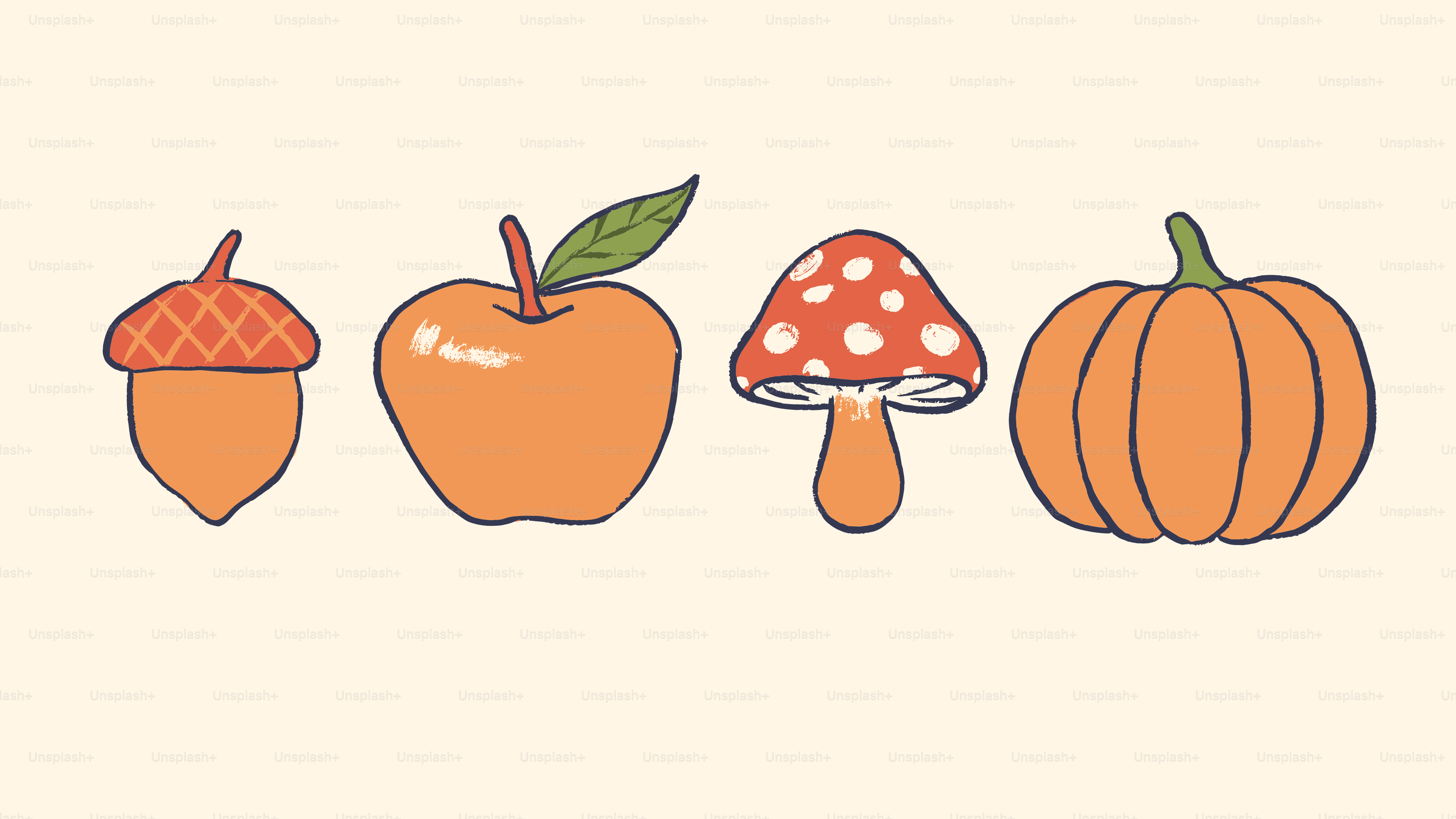 An acorn, apple, mushroom, and pumpkin in a row.