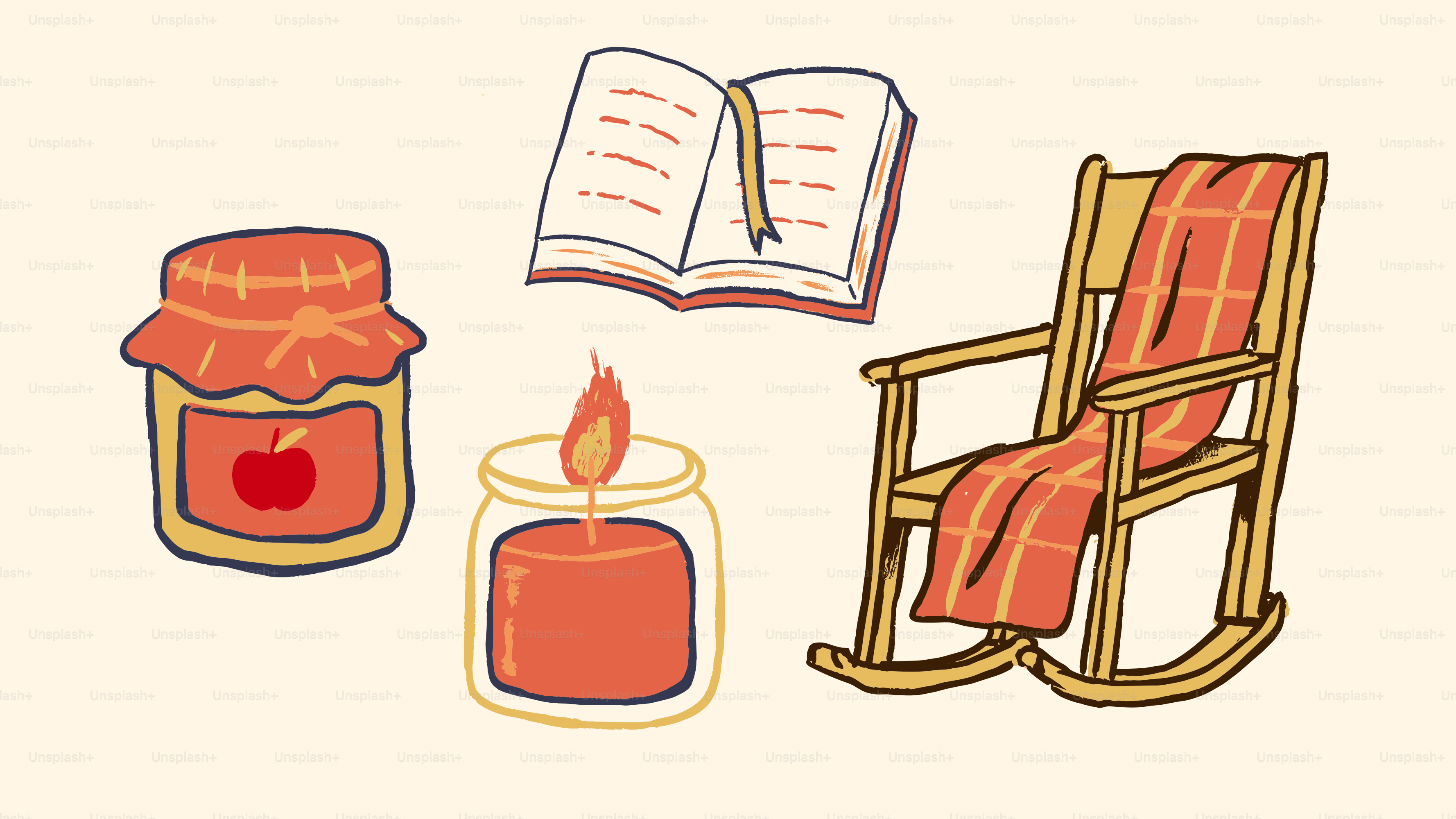 Cozy autumn scene with rocking chair, candle, and book.