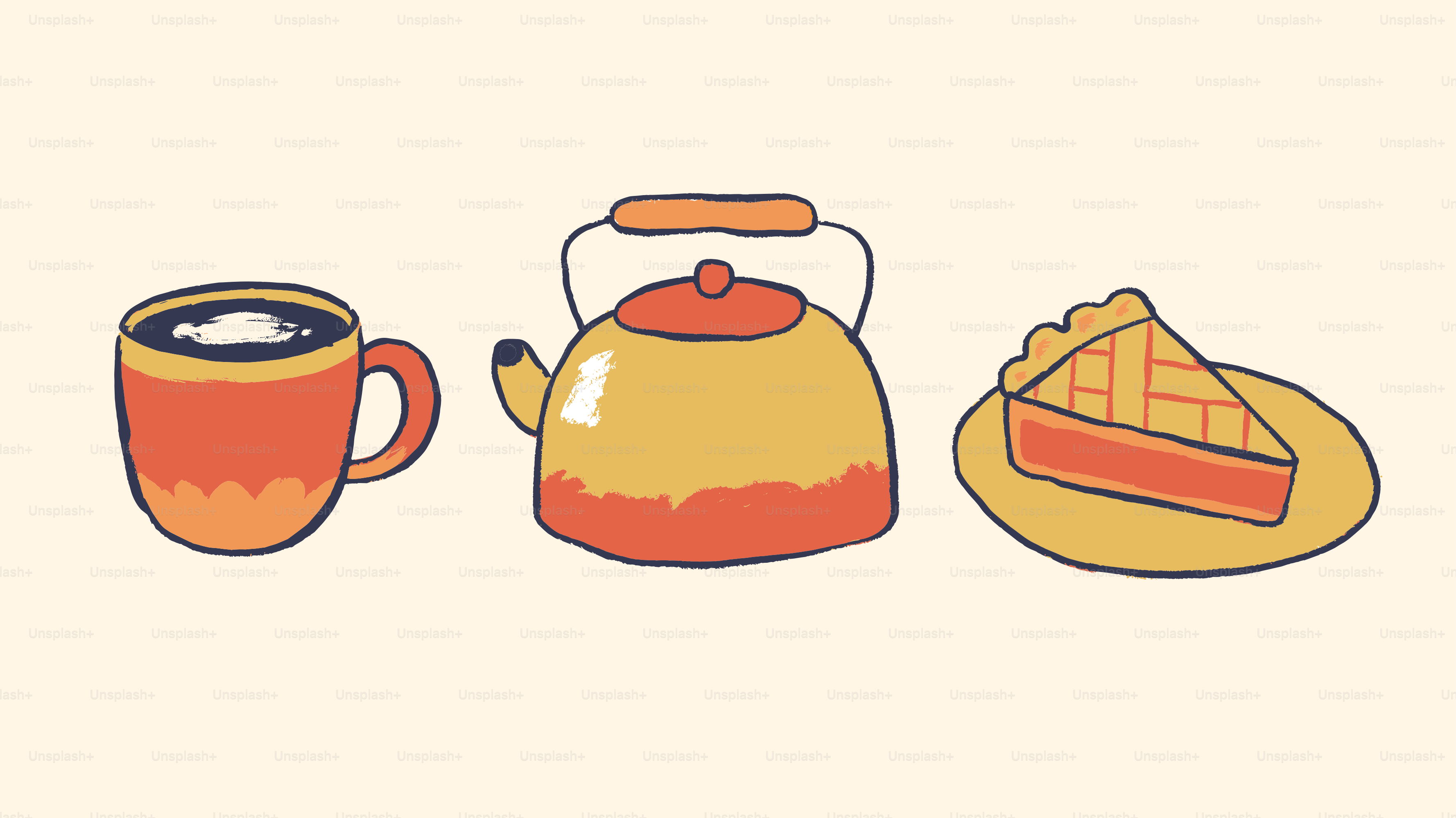 Una tazza di caffè, una teiera e una fetta di torta.