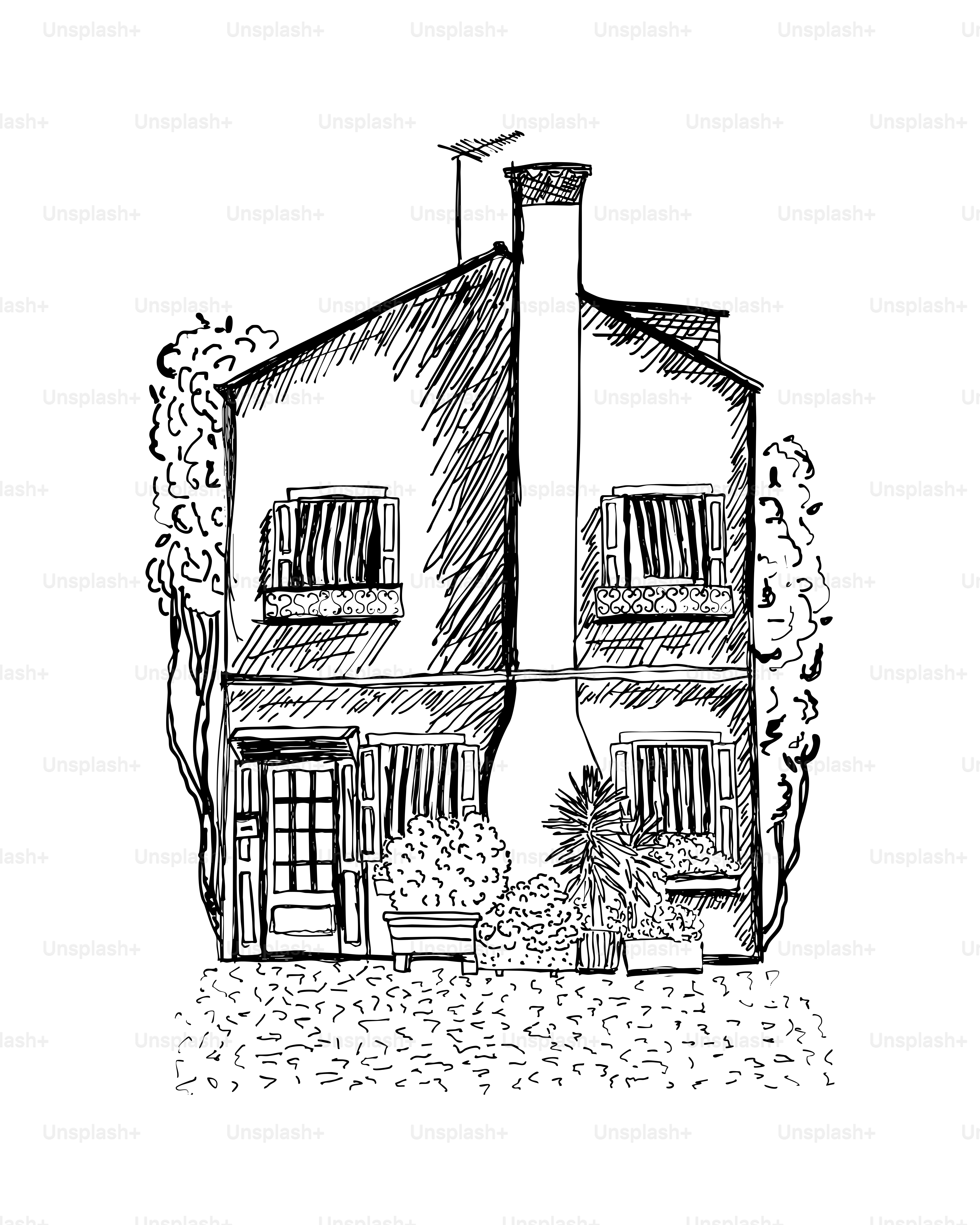 Sketch of a house with windows and plants