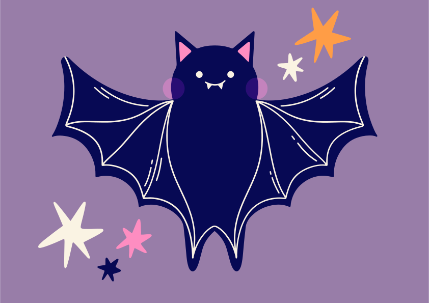 A cute cartoon bat with stars on a purple background.
