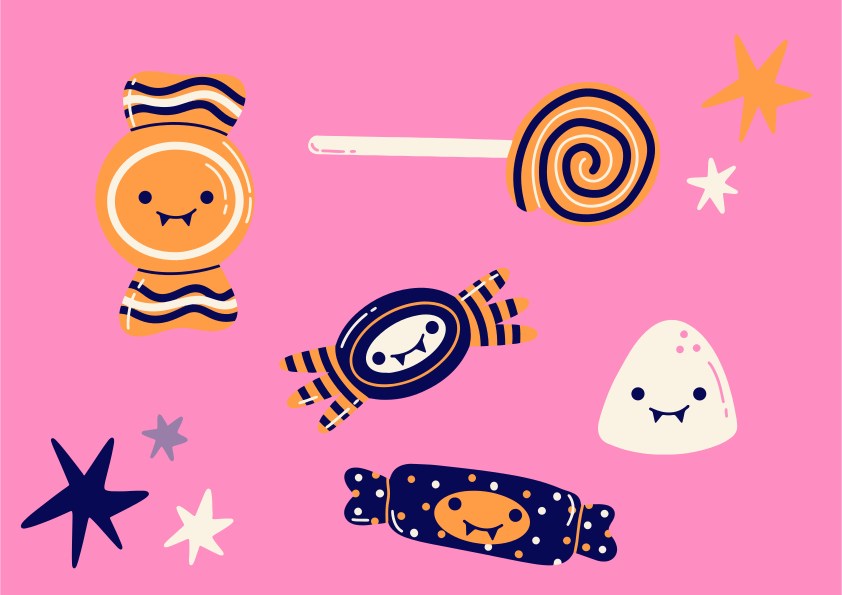 Cute halloween candies and stars on pink background