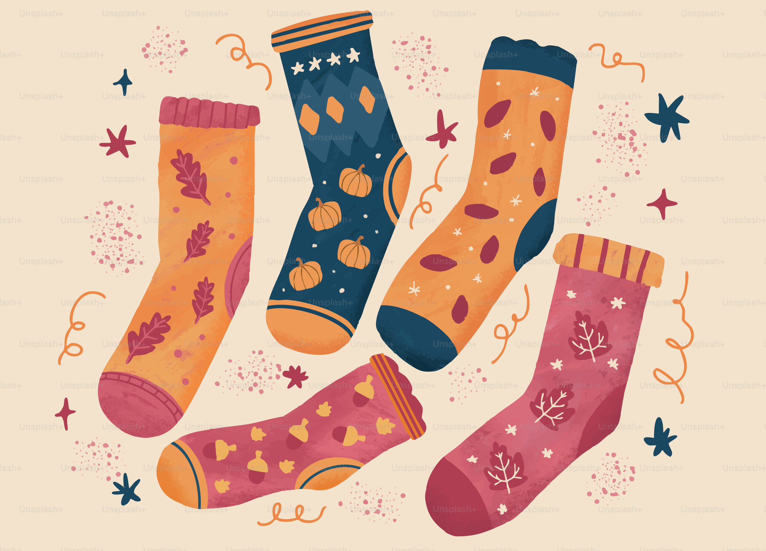 Cozy autumn socks with fall leaf and pumpkin patterns.