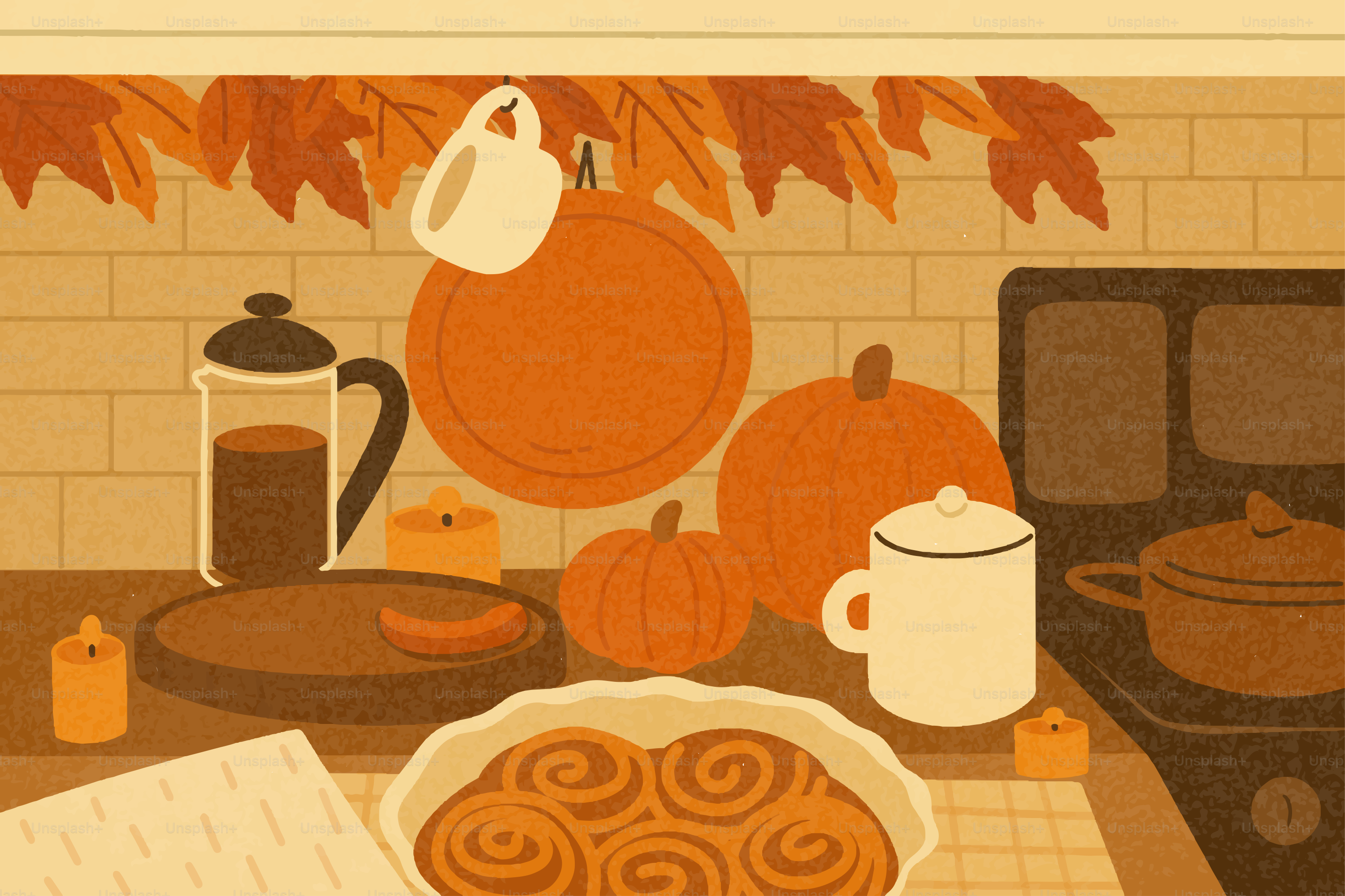 Escena otoñal con calabazas, rollos de canela y café.