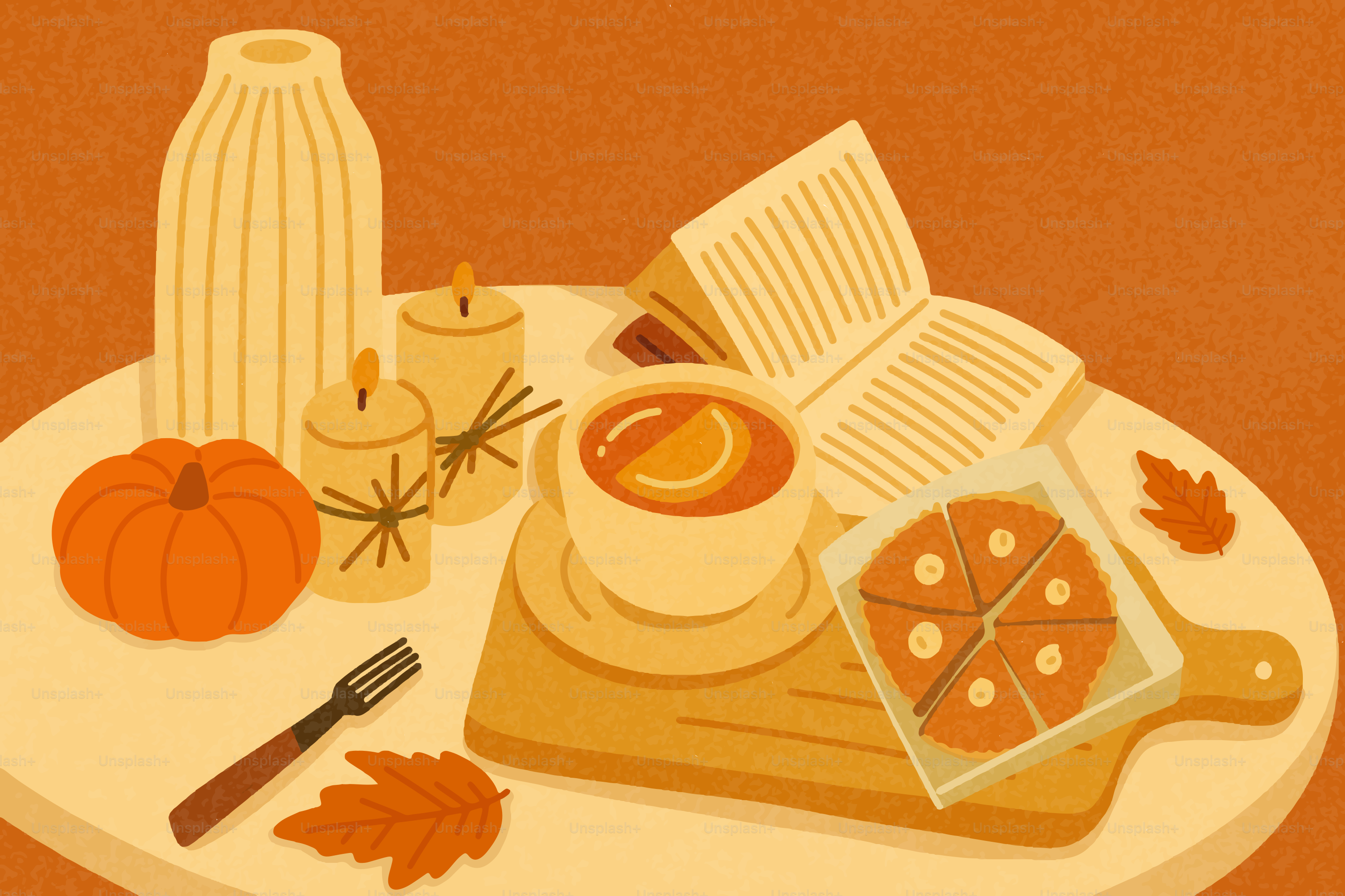 Autumn still life with tea, pumpkin, and pie