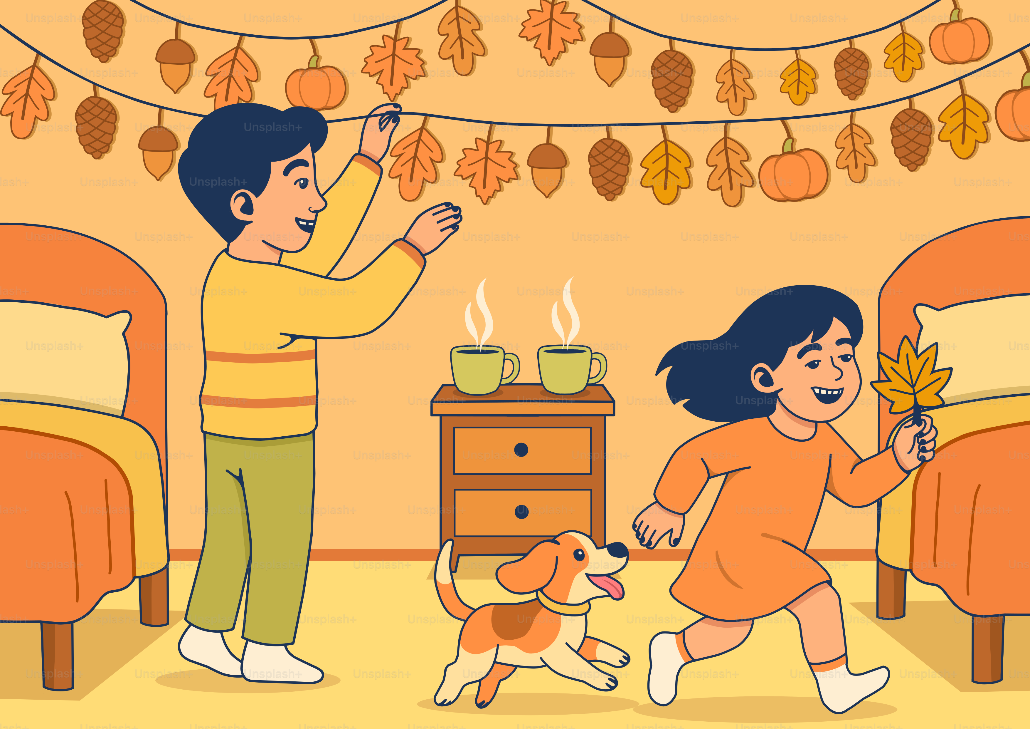 Niños decorando la habitación con hojas de otoño y perro