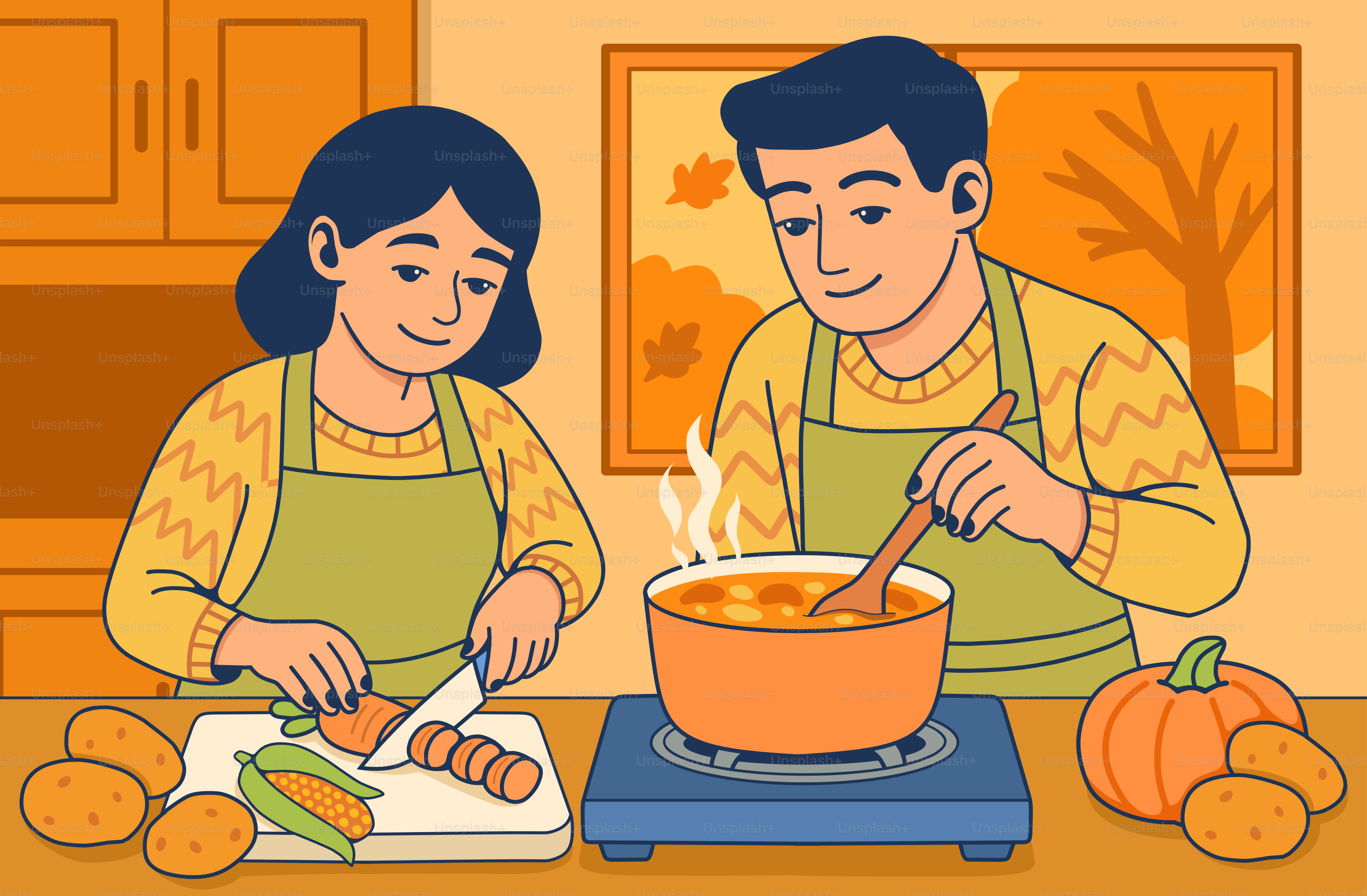 Couple cooking a warm meal together in the kitchen.