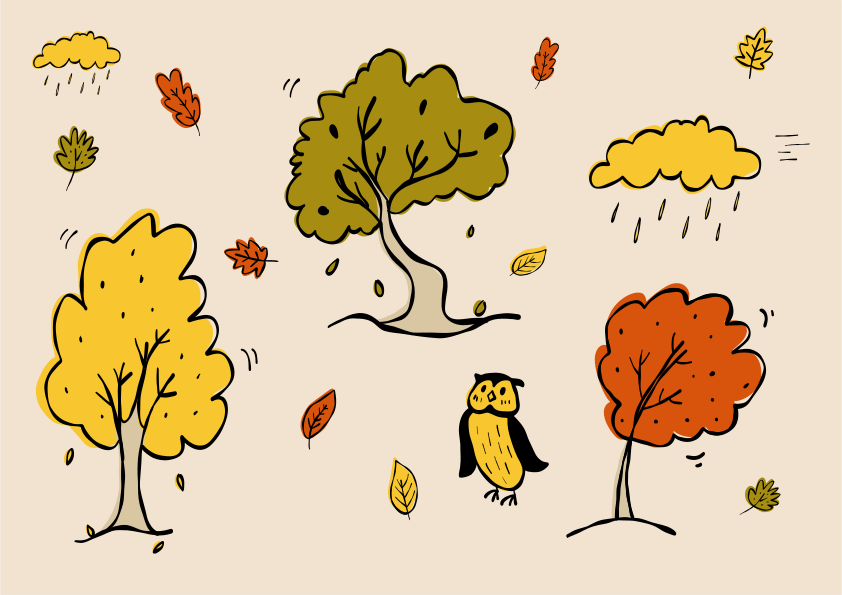 Autumn trees with falling leaves and clouds