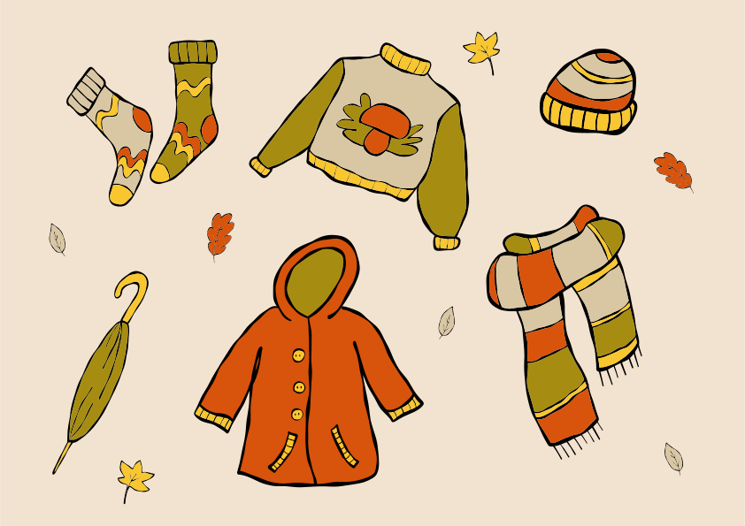 Autumn clothing and accessories with falling leaves.