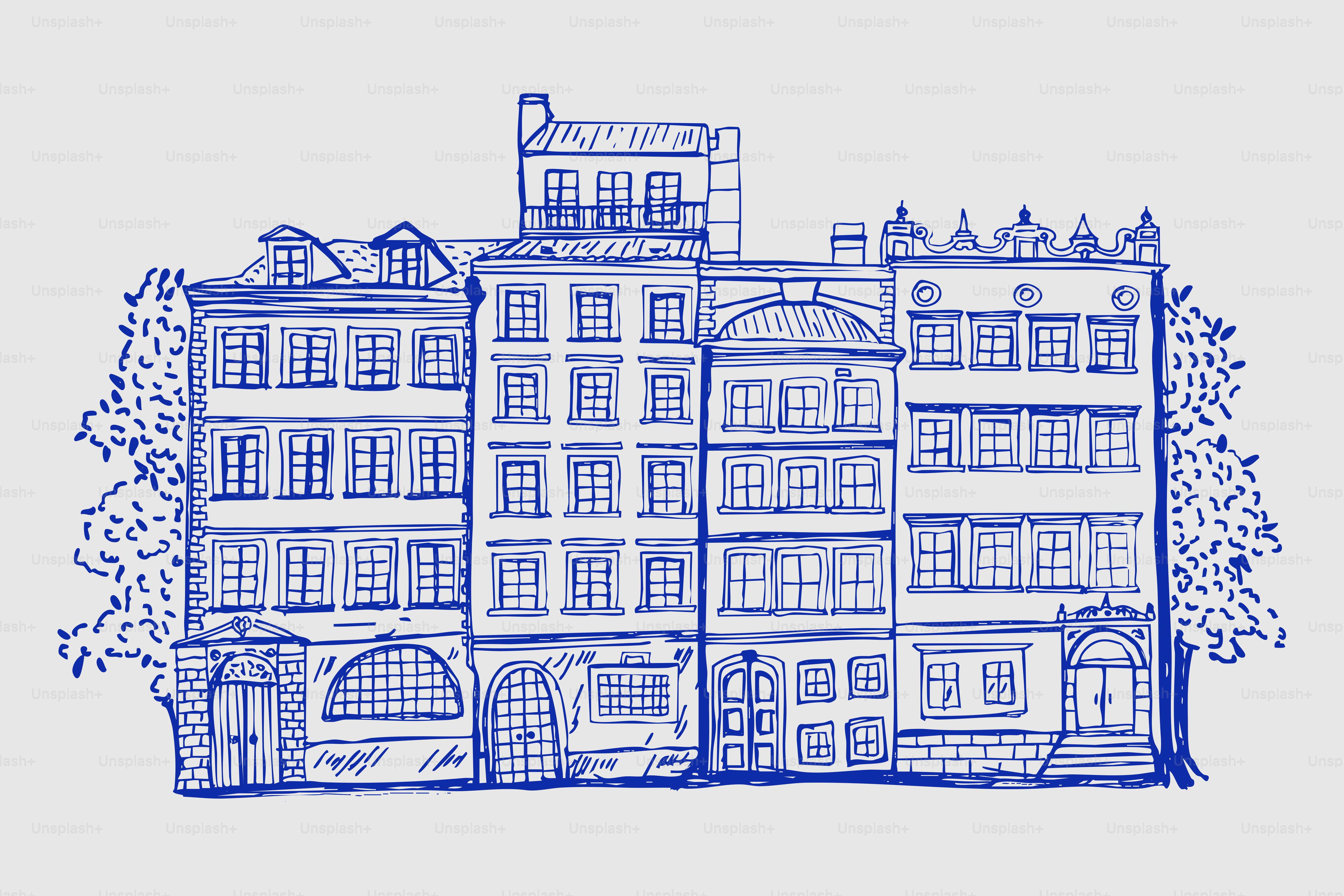 Sketch of european buildings with trees on the side