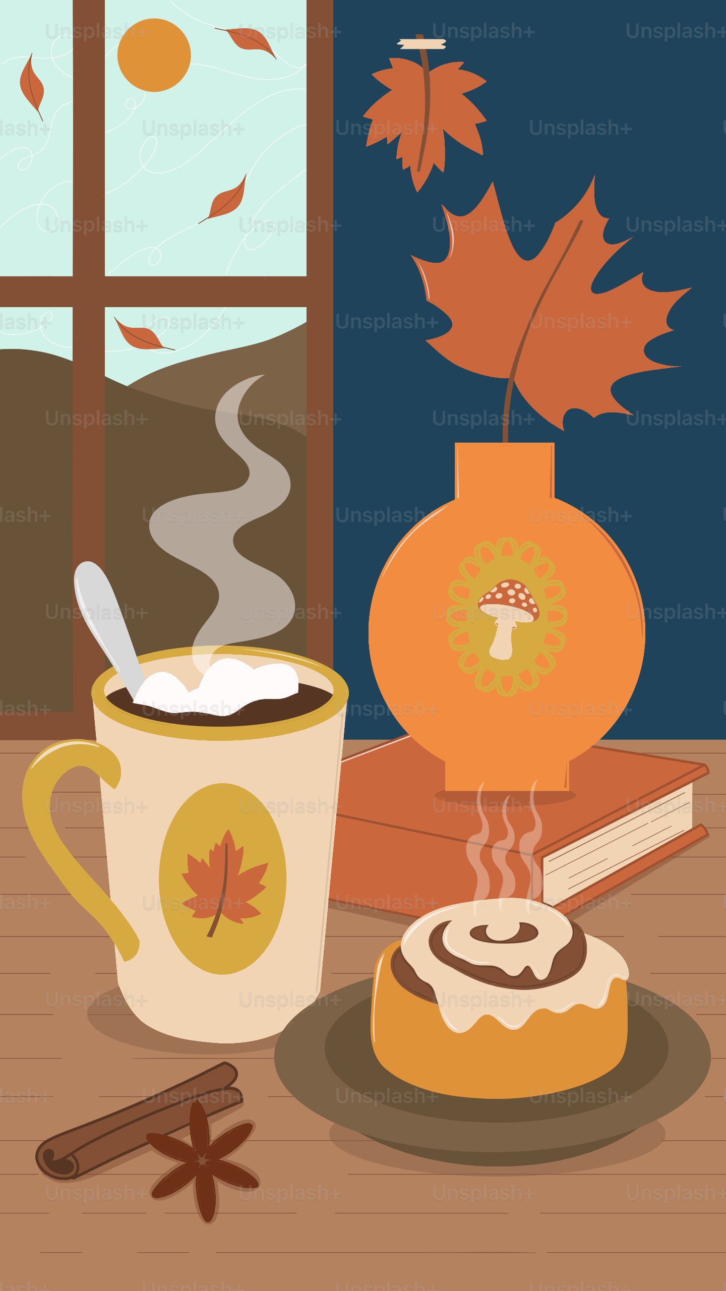 Hot chocolate and cinnamon roll with autumn leaves