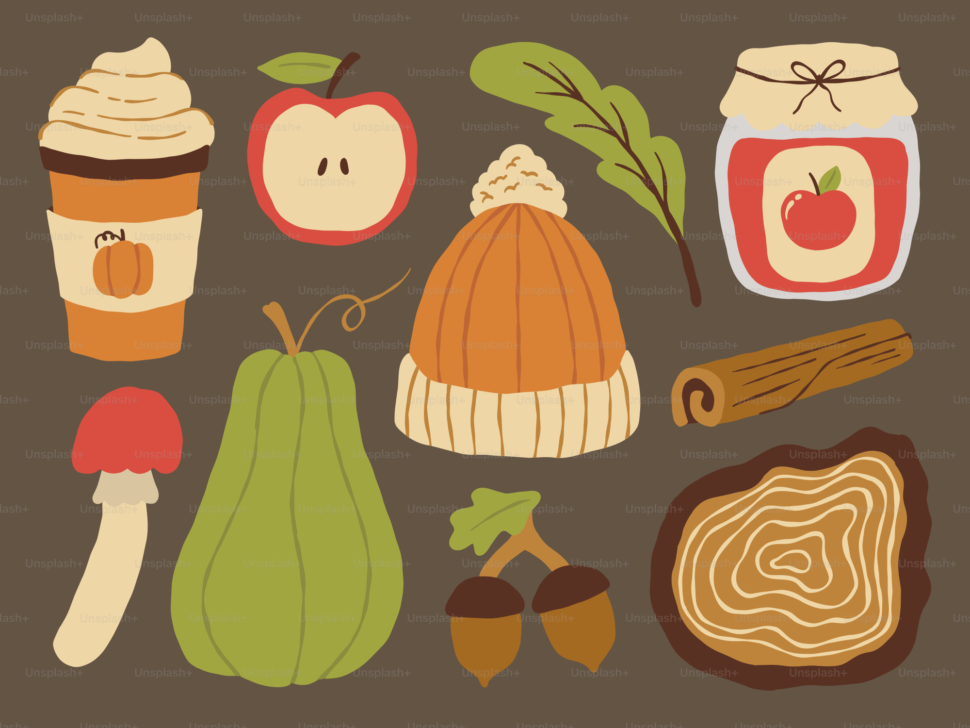 Herbstliche Elemente wie Kürbisgewürze, Apfel und Eicheln.