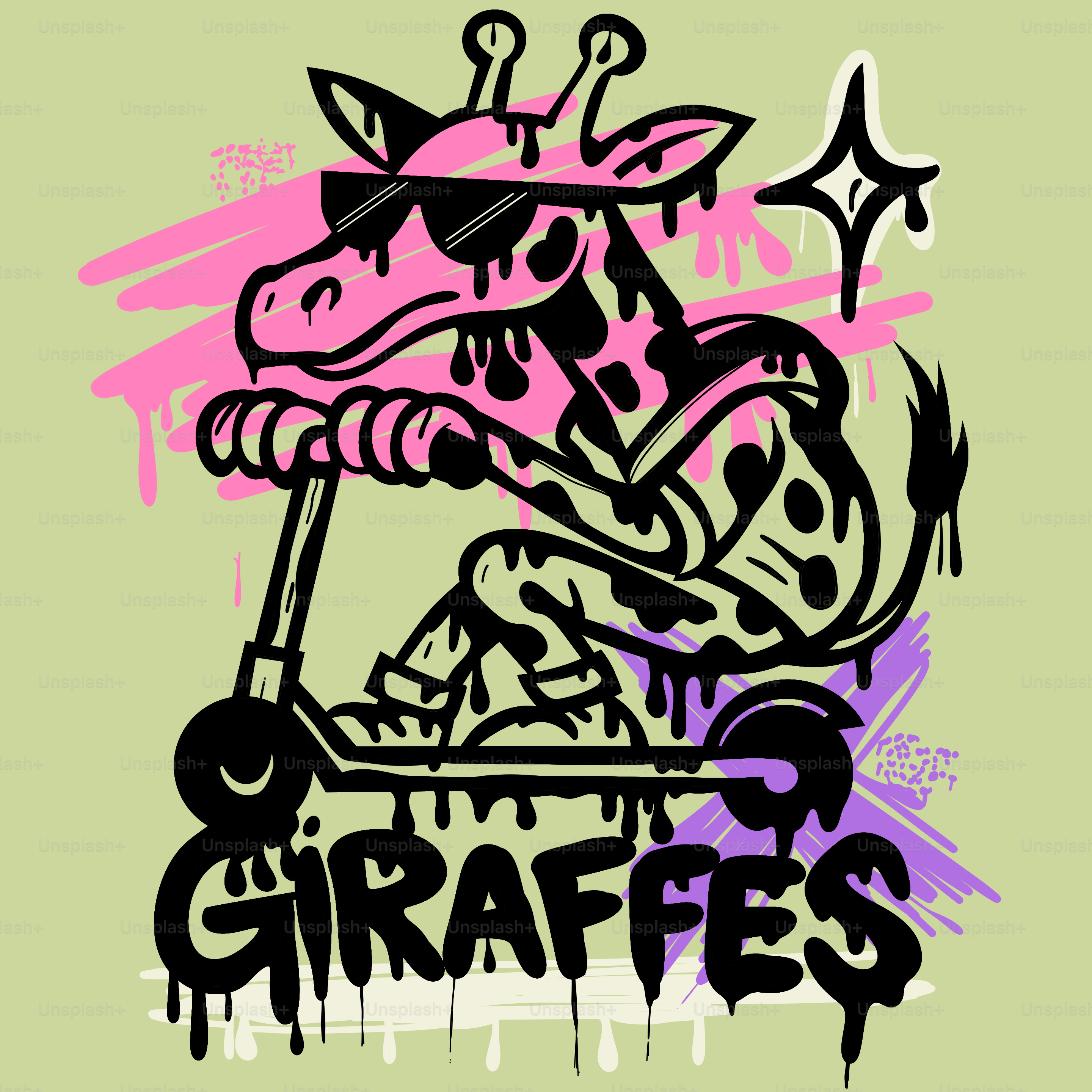 Uma girafa de desenho animado usando óculos escuros anda de scooter.