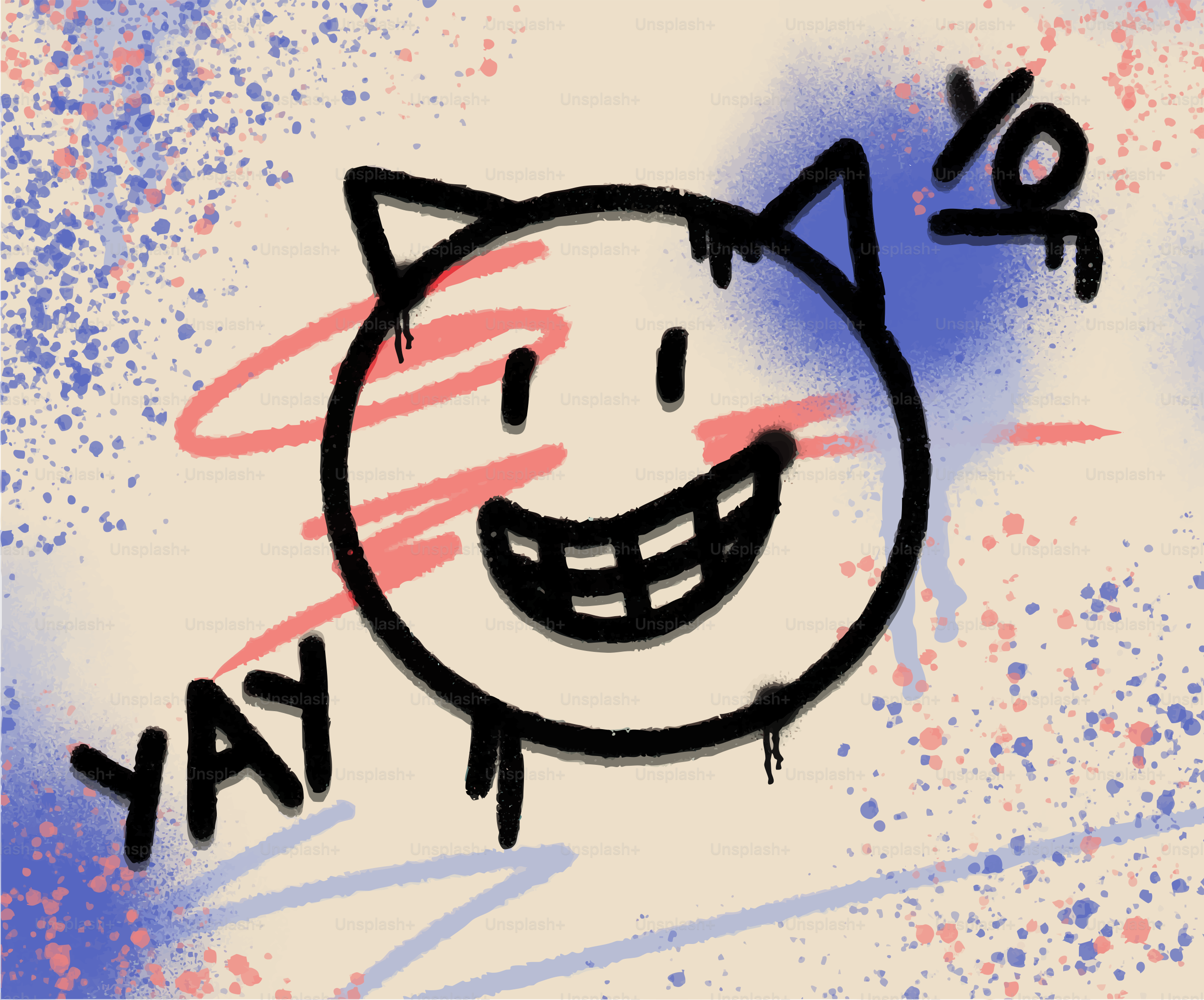 Carita sonriente estilo graffiti con texto 'yay' y 'yo'.