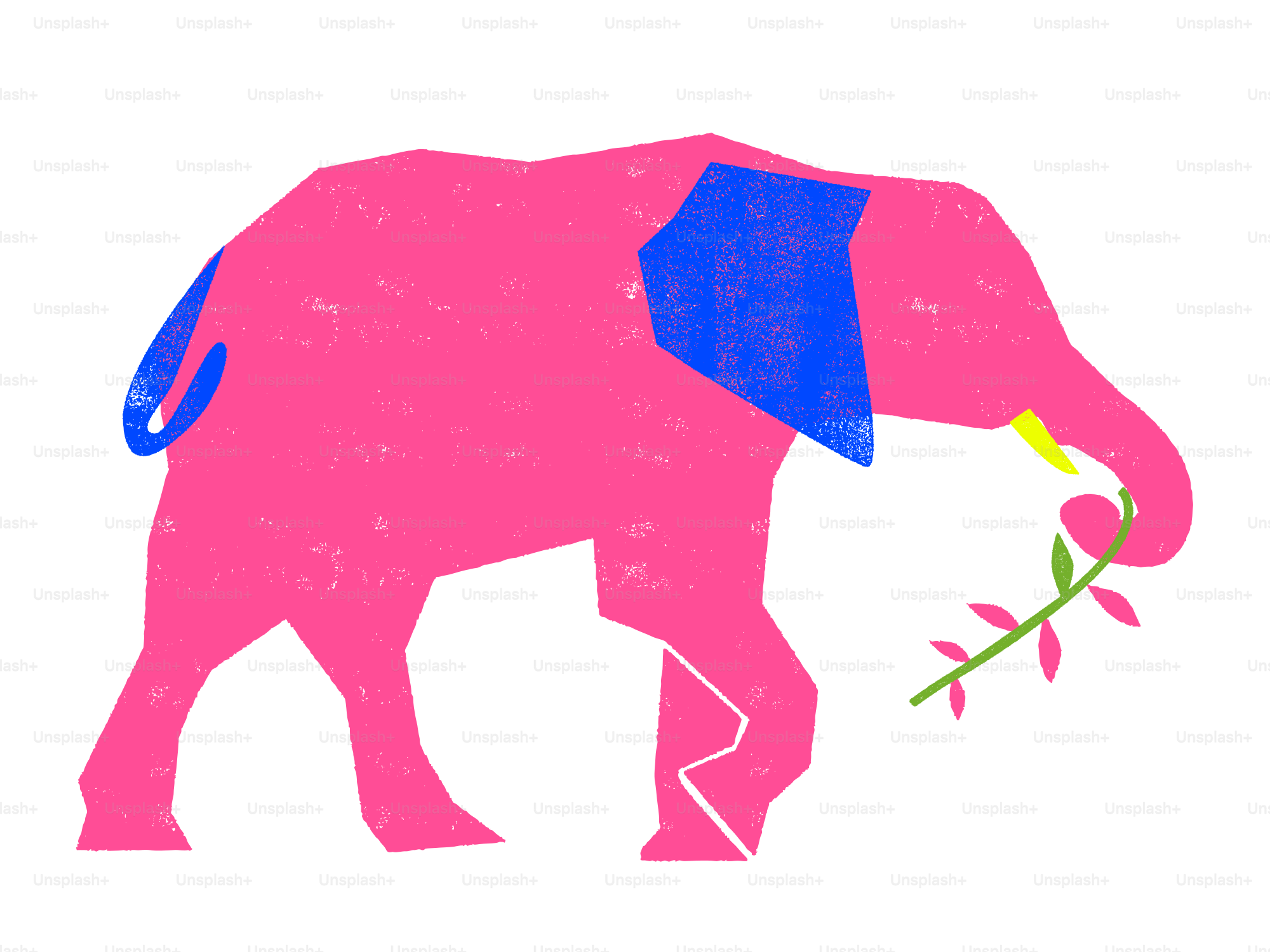 Rosa Elefant mit blauen Akzenten, der eine Blume hält