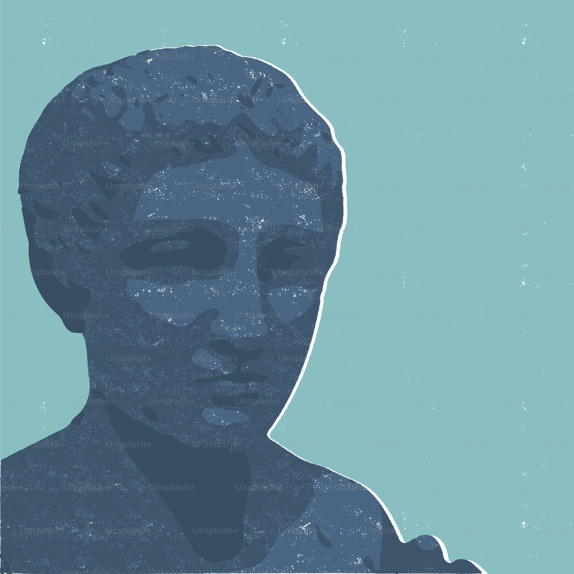A textured stone bust of a person against a teal background.