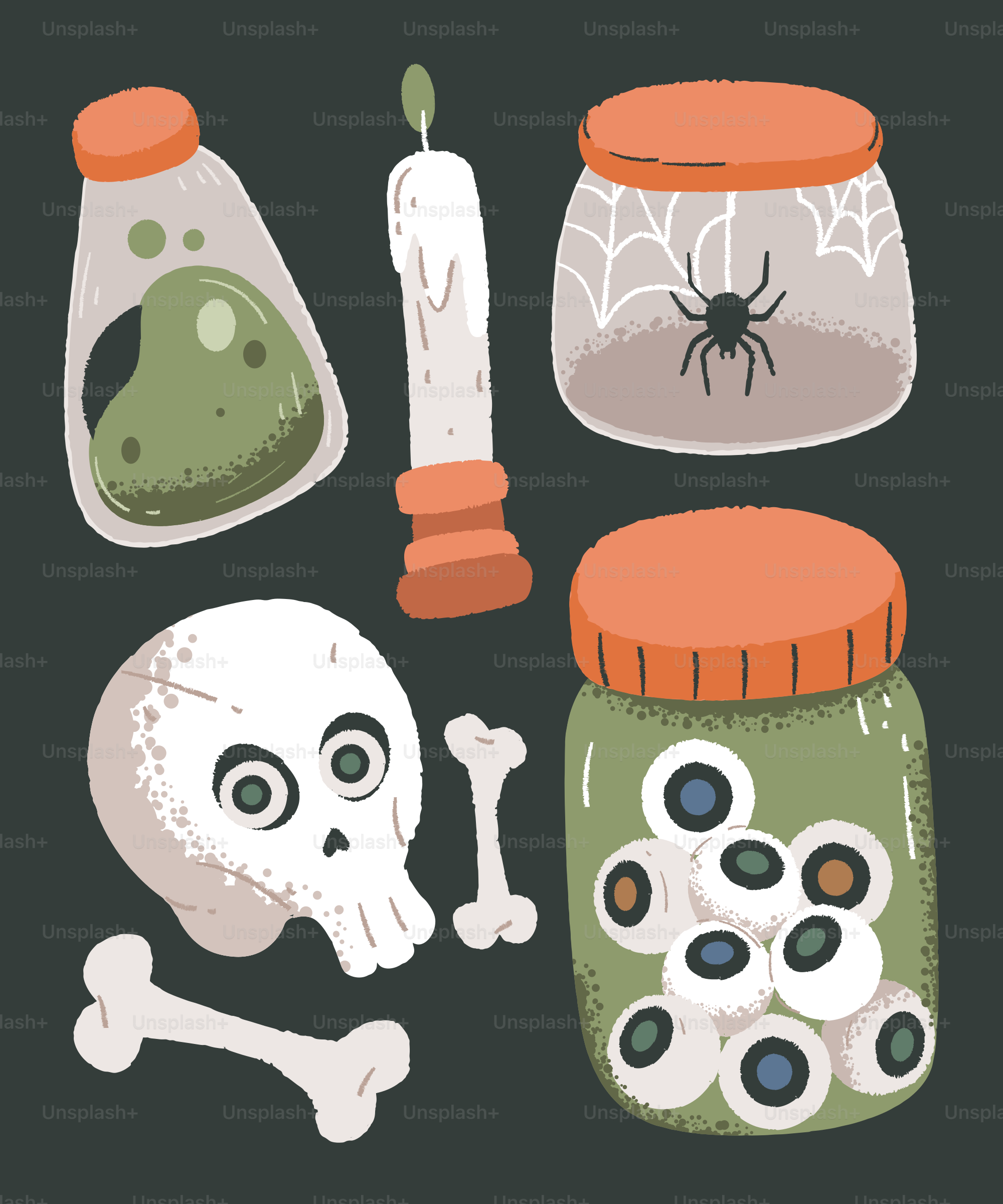 Oggetti di Halloween tra cui un teschio, ossa e barattoli.