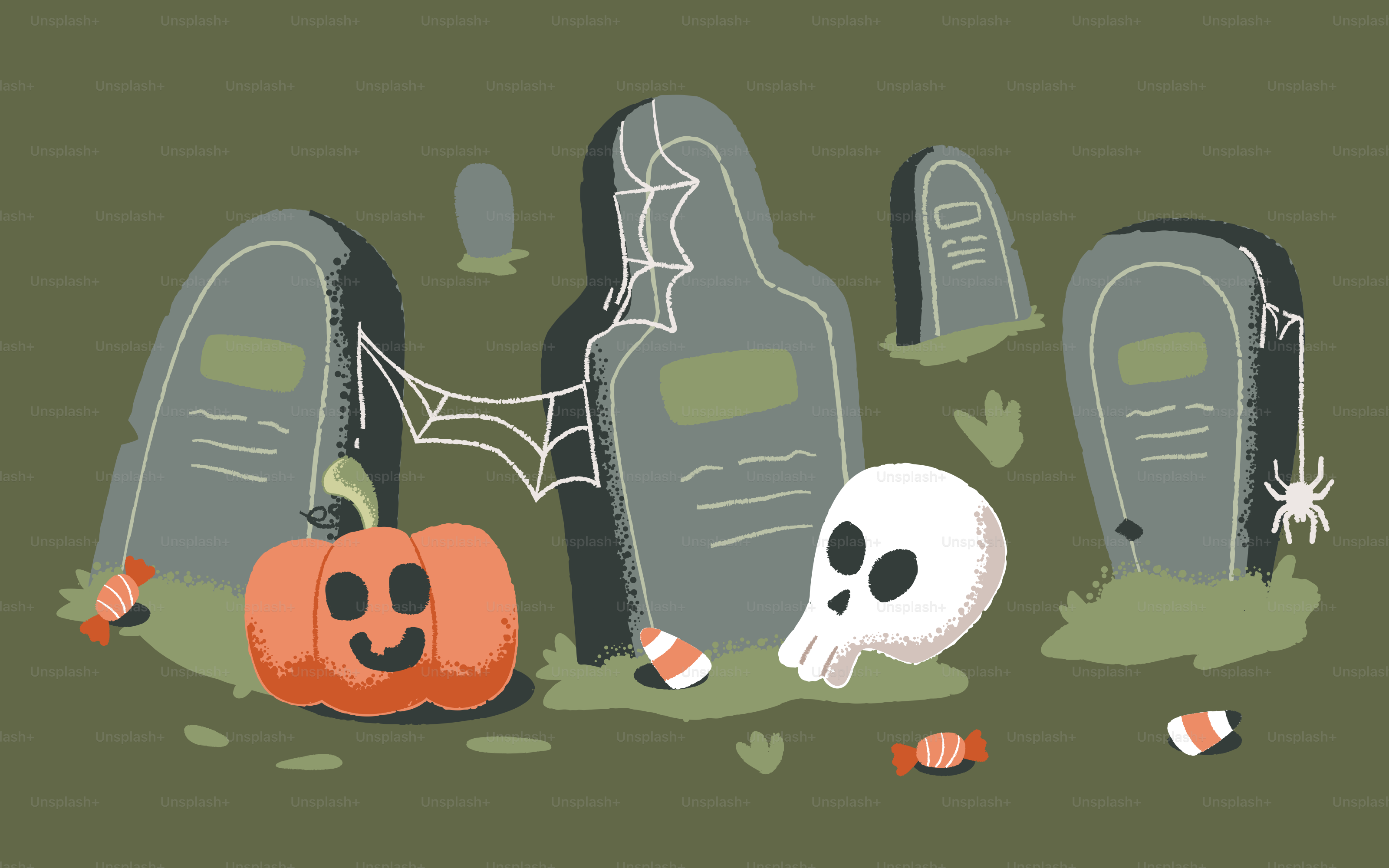 Cemitério de Halloween com abóbora, caveira e doces