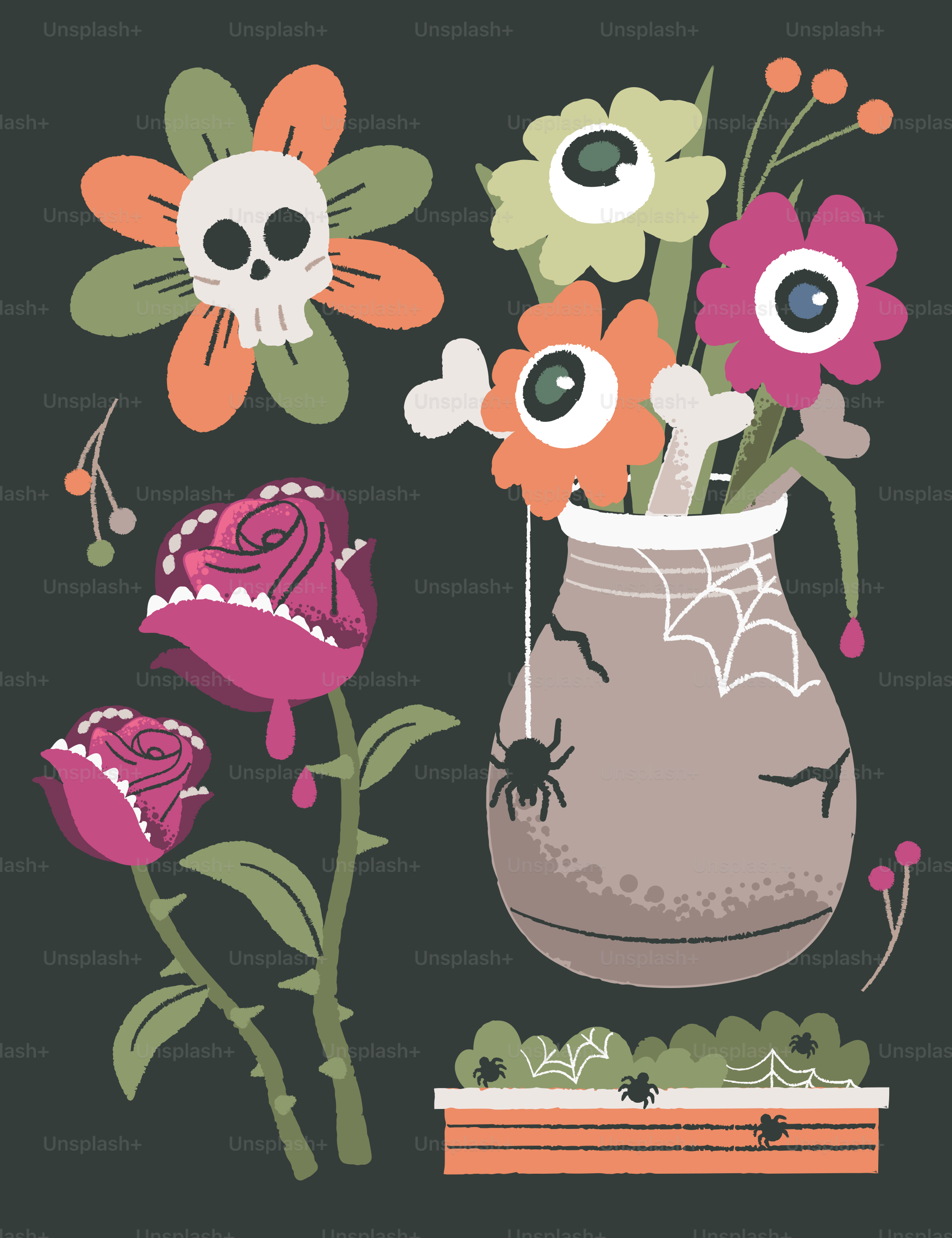 Halloween-Blumen und Vase mit Spinnweben