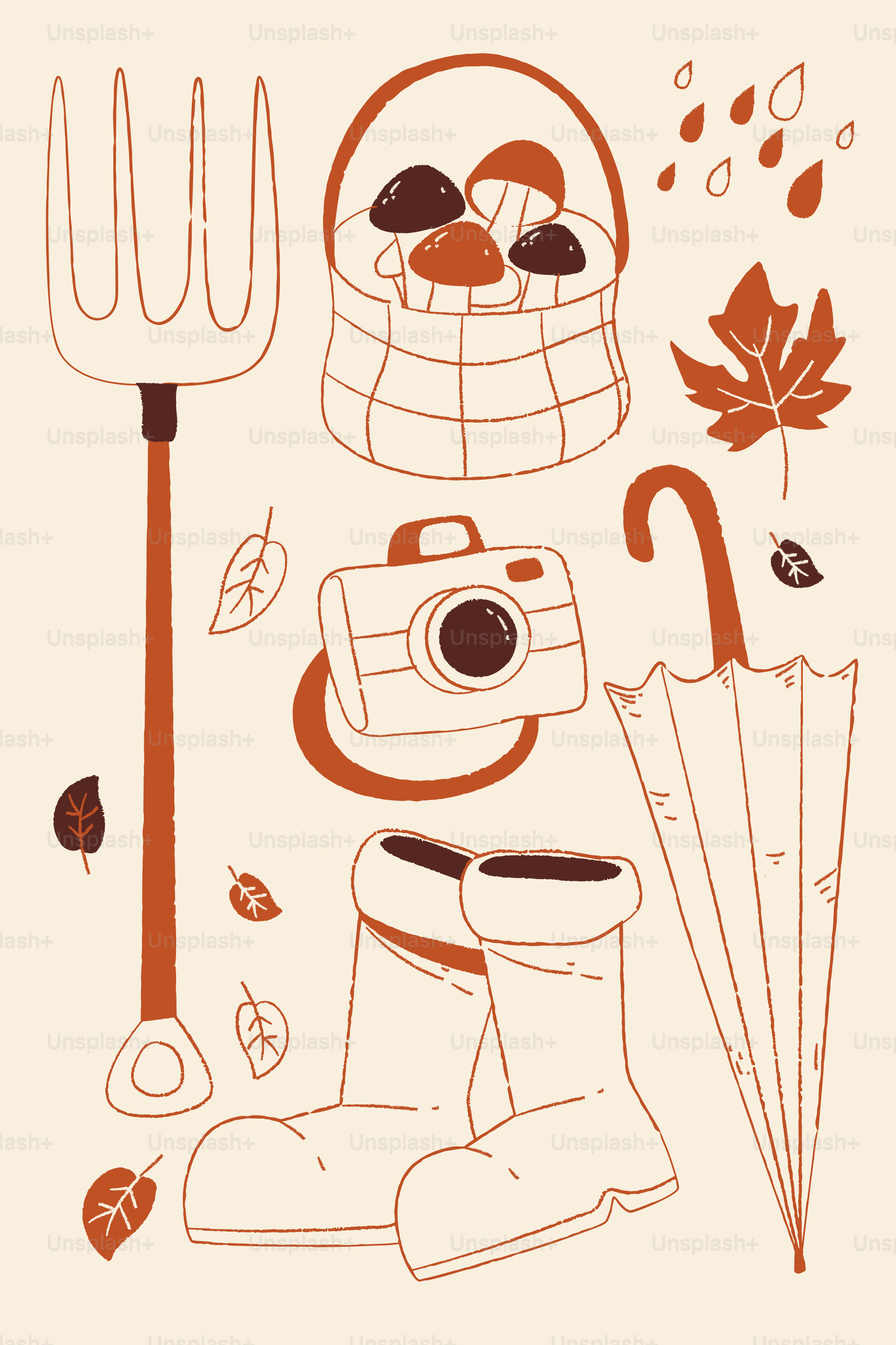 Autumn harvest items including boots, rake, and mushrooms. vector ...