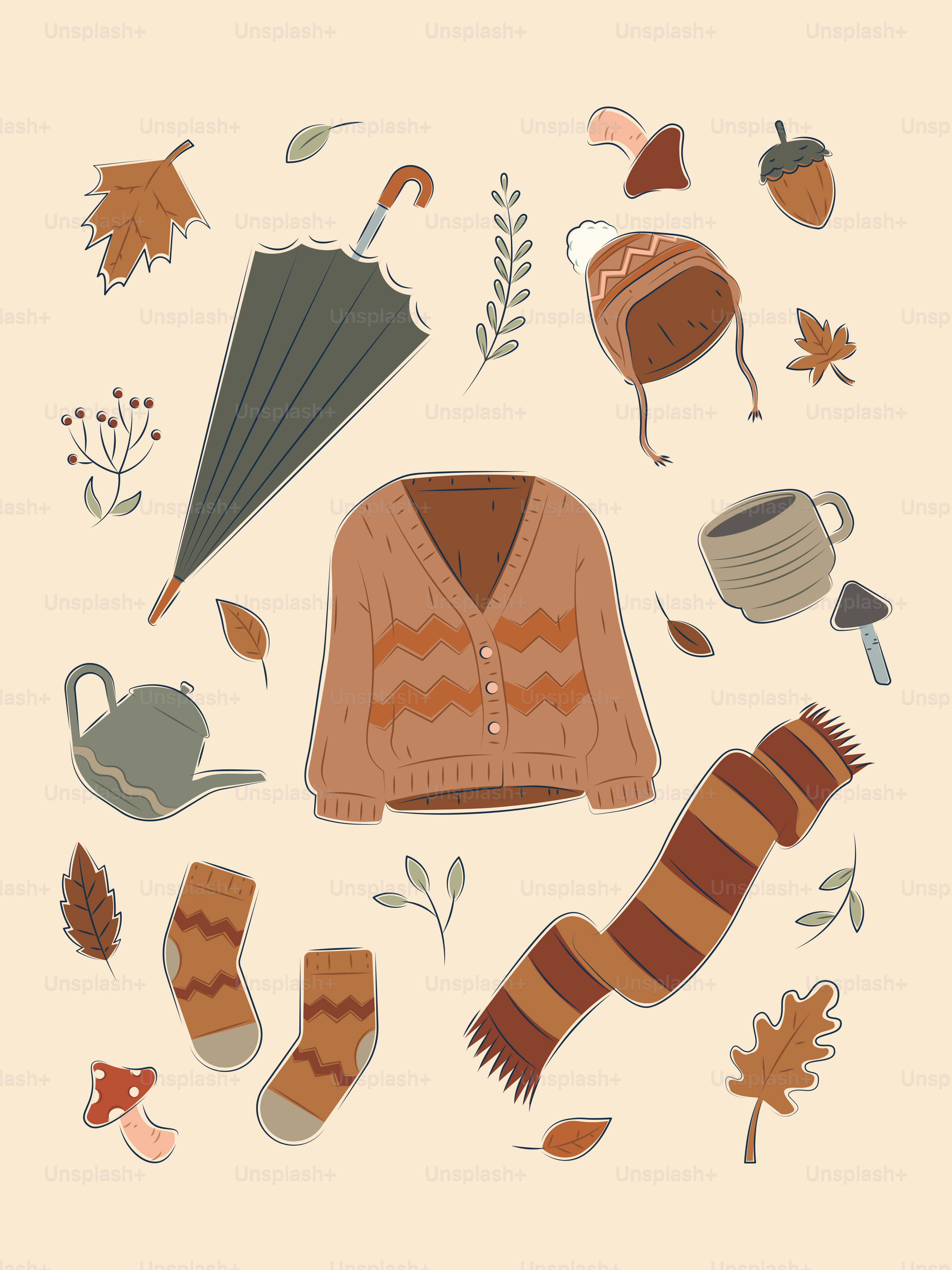 Des vêtements et accessoires d’automne douillet, disposés sur un fond clair.