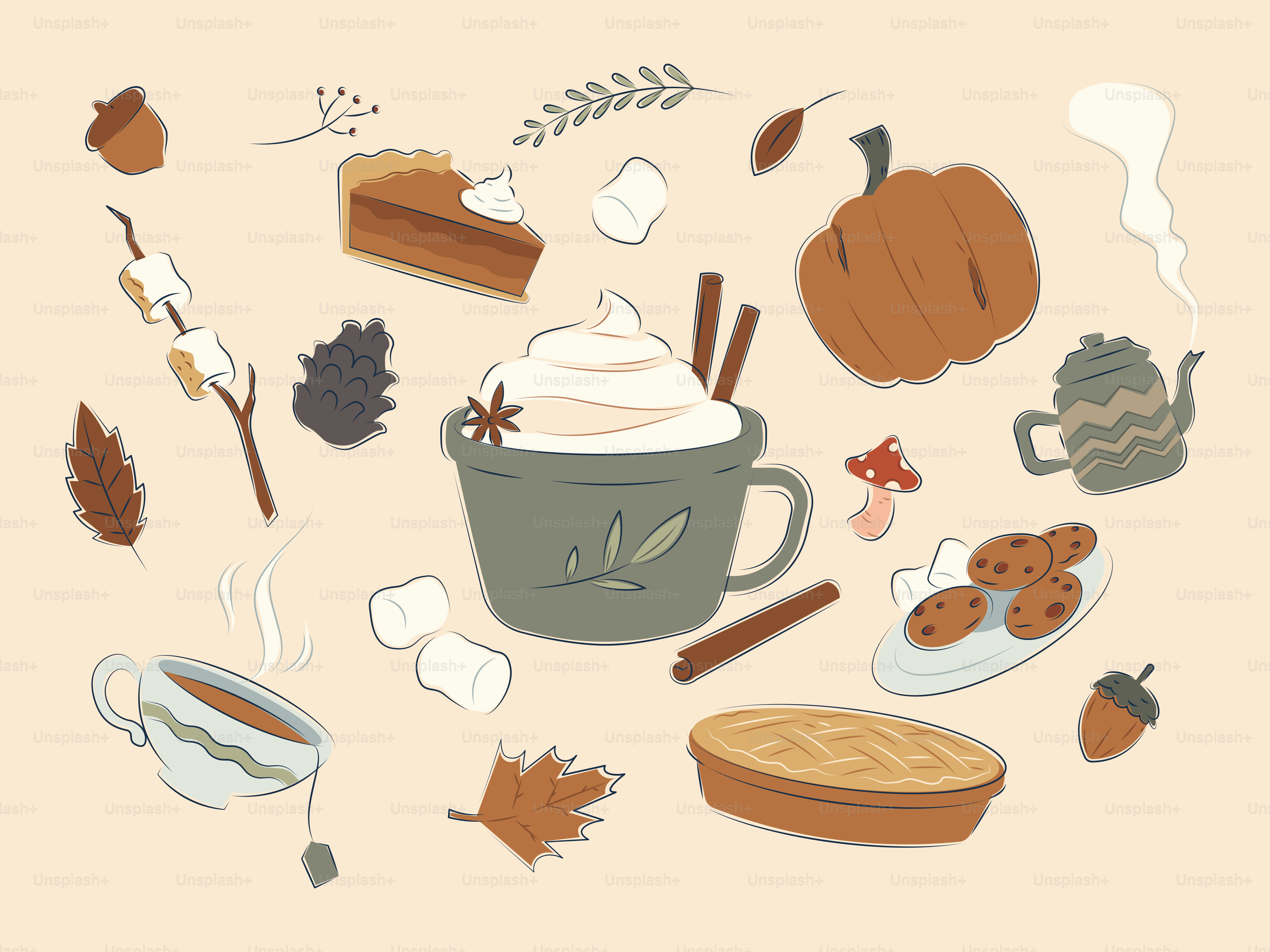 Herbstliche Getränke und Leckereien mit Kürbis und Kuchen.