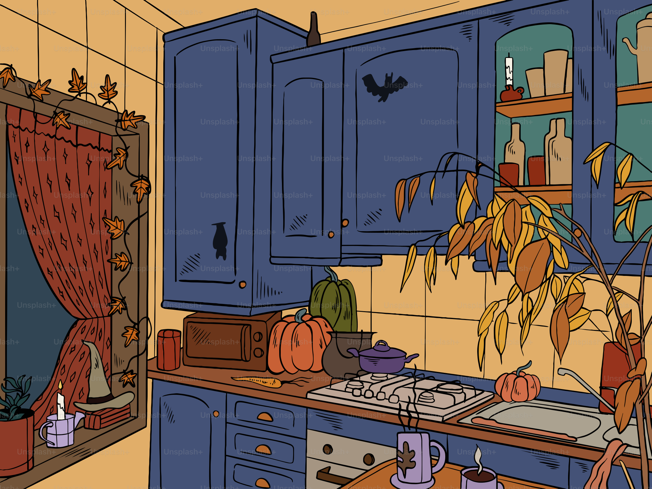 Cozy kitchen decorated for halloween with pumpkins and autumn leaves.