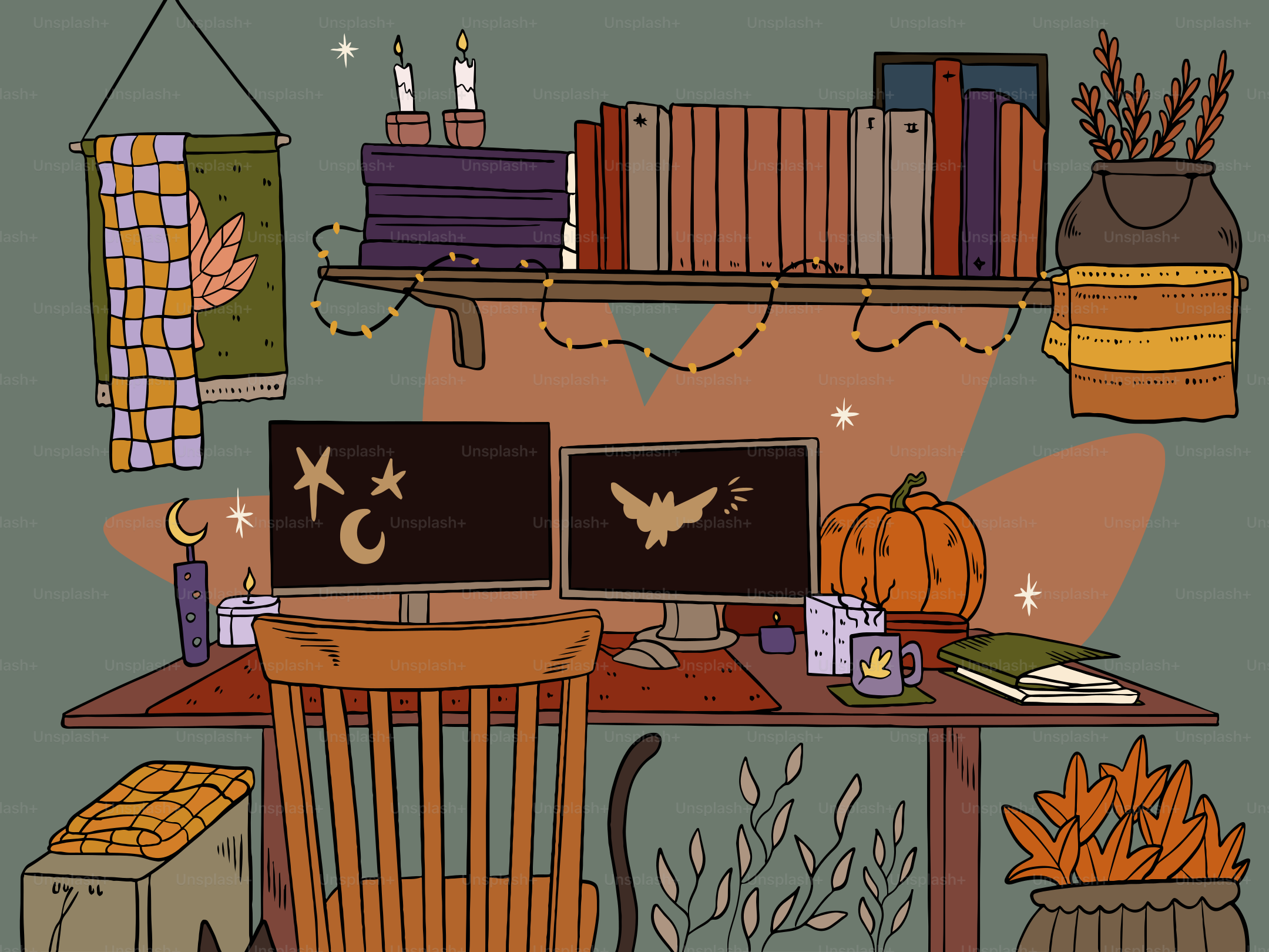 Cozy desk setup with autumn decor and computer monitors.