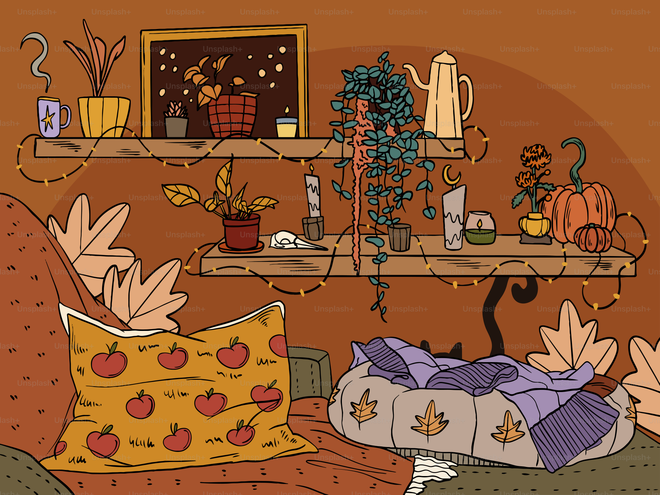 Cozy autumn scene with pumpkins and plants.