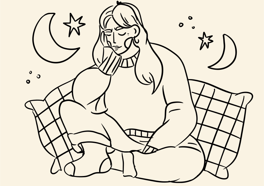 Woman resting on pillow with moon and stars