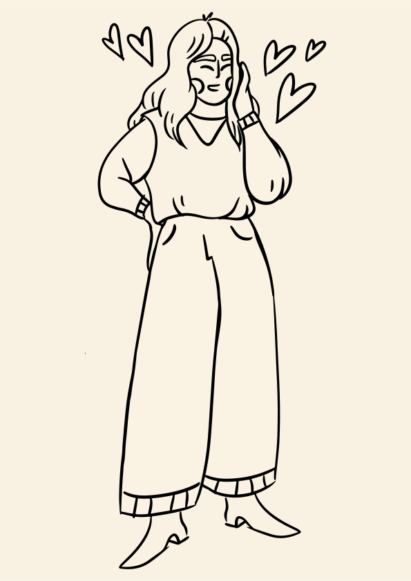 A woman with hearts floating around her head