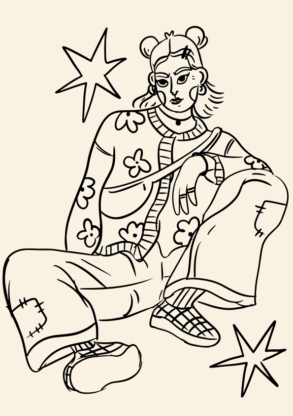 Line art of a person in floral sweater and checkered pants