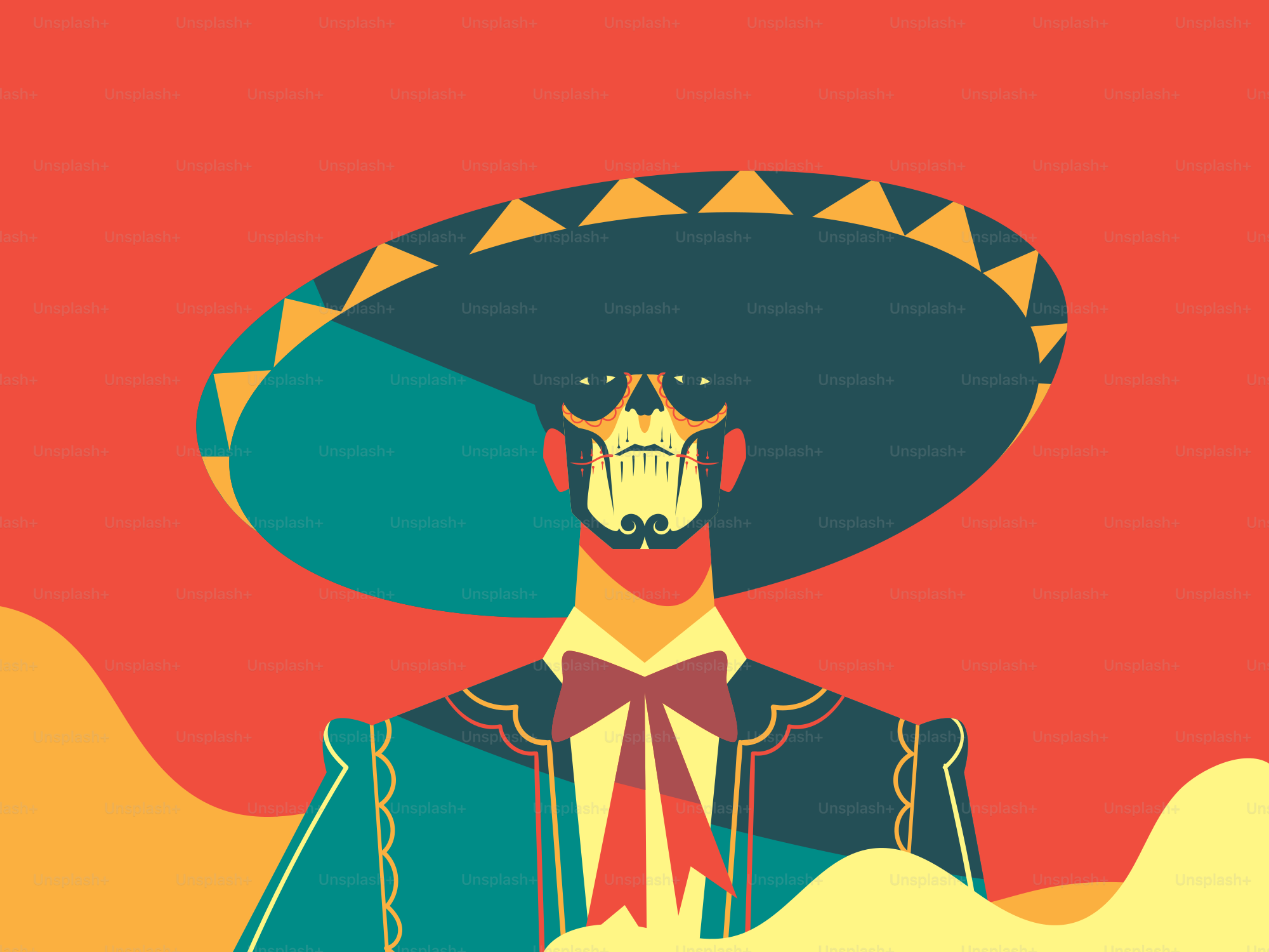 Man in sombrero and festive attire with skull face.