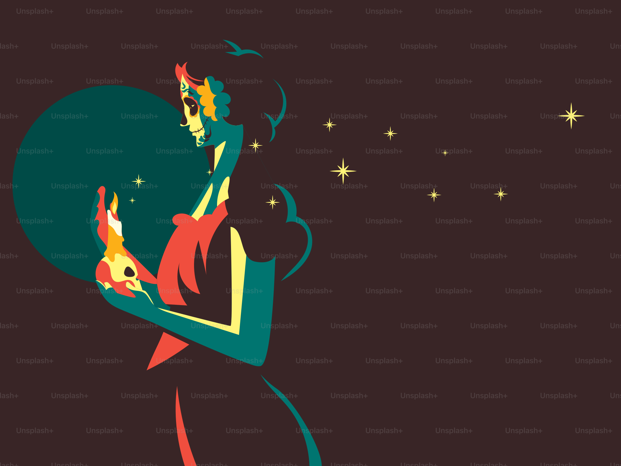 Stylized figure holding a glowing orb with stars