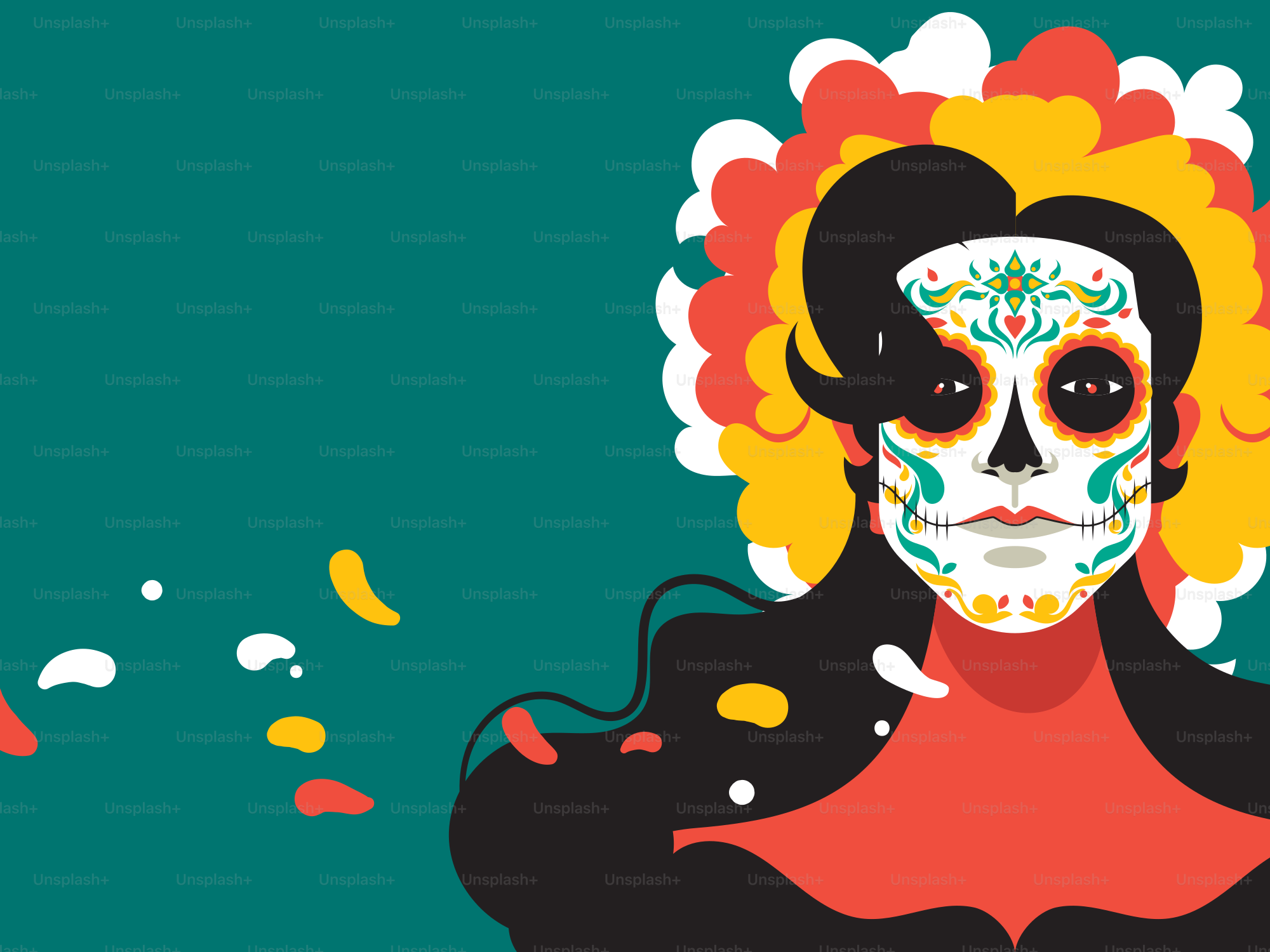 Woman with sugar skull face paint and colorful flowers