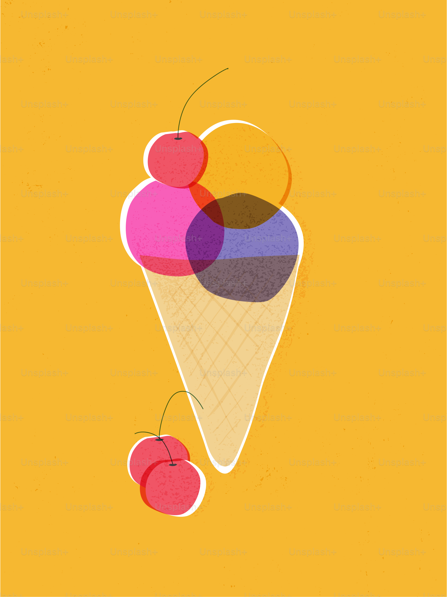 A stylized ice cream cone with cherries on yellow background