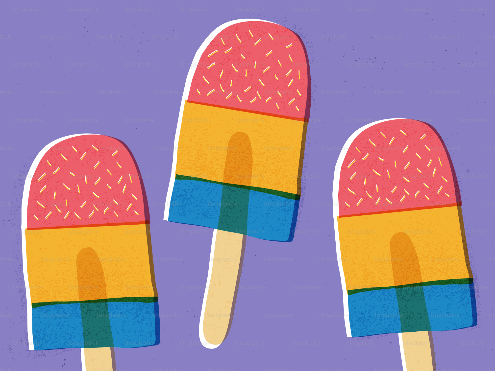 Trois glaces colorées sur fond violet