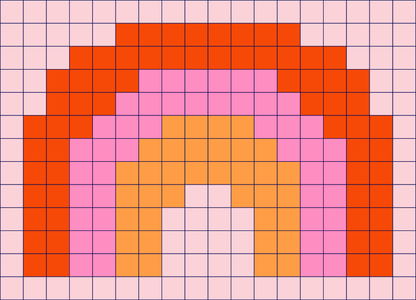 Arcoíris pixelado con colores rosa, naranja y amarillo.