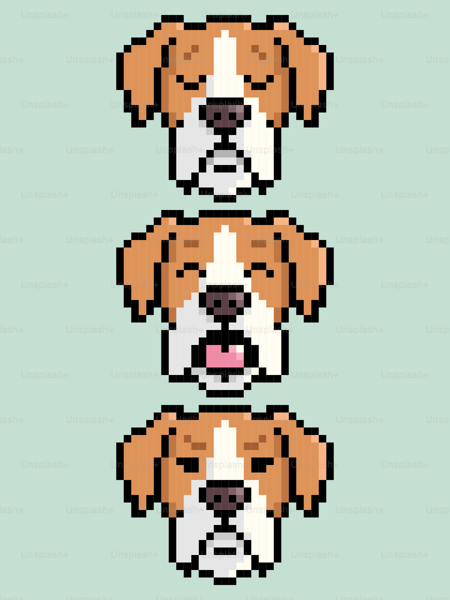 Pixel art of three dog faces with different expressions
