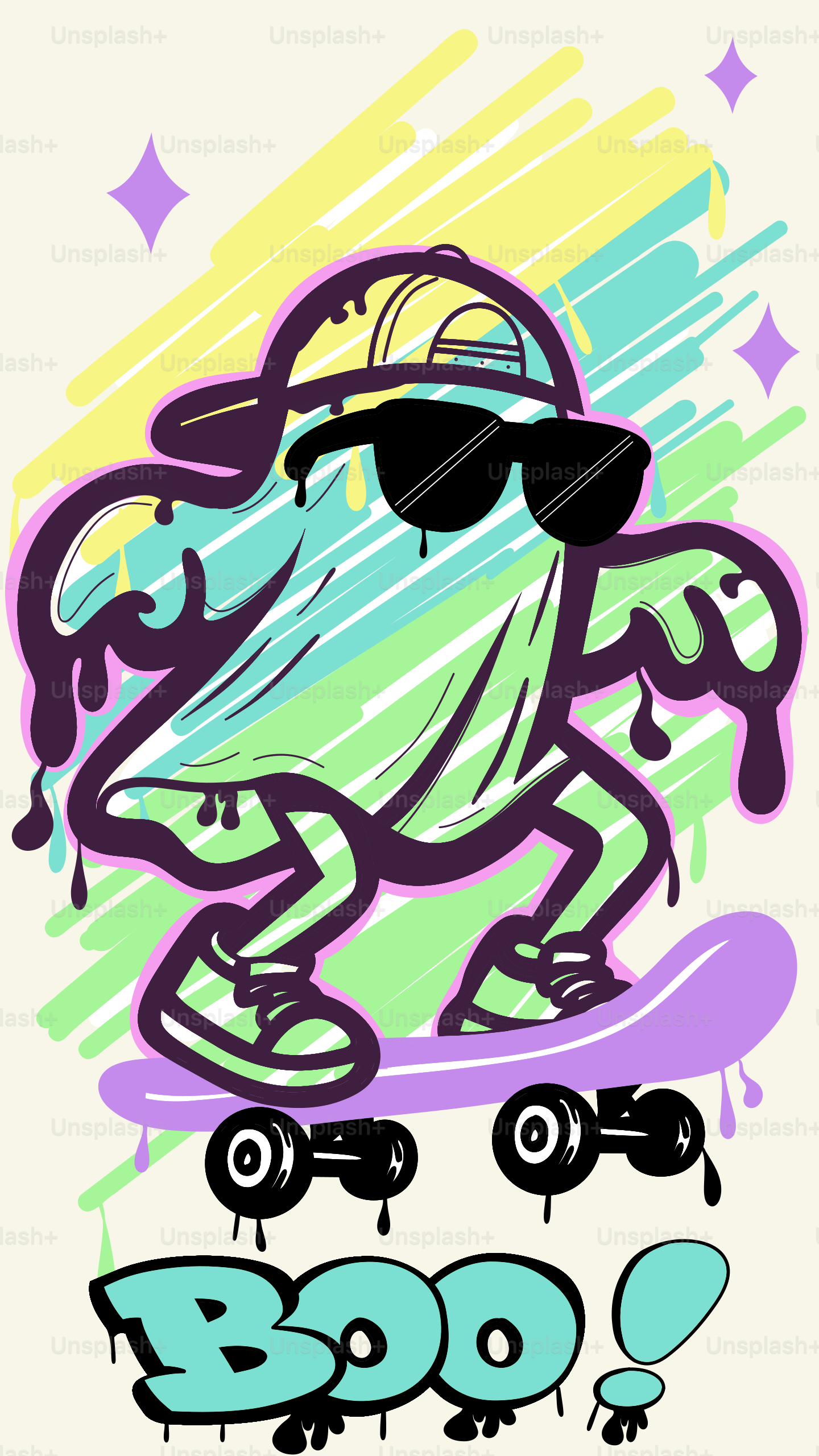 Ghost wearing sunglasses and a cap skateboarding