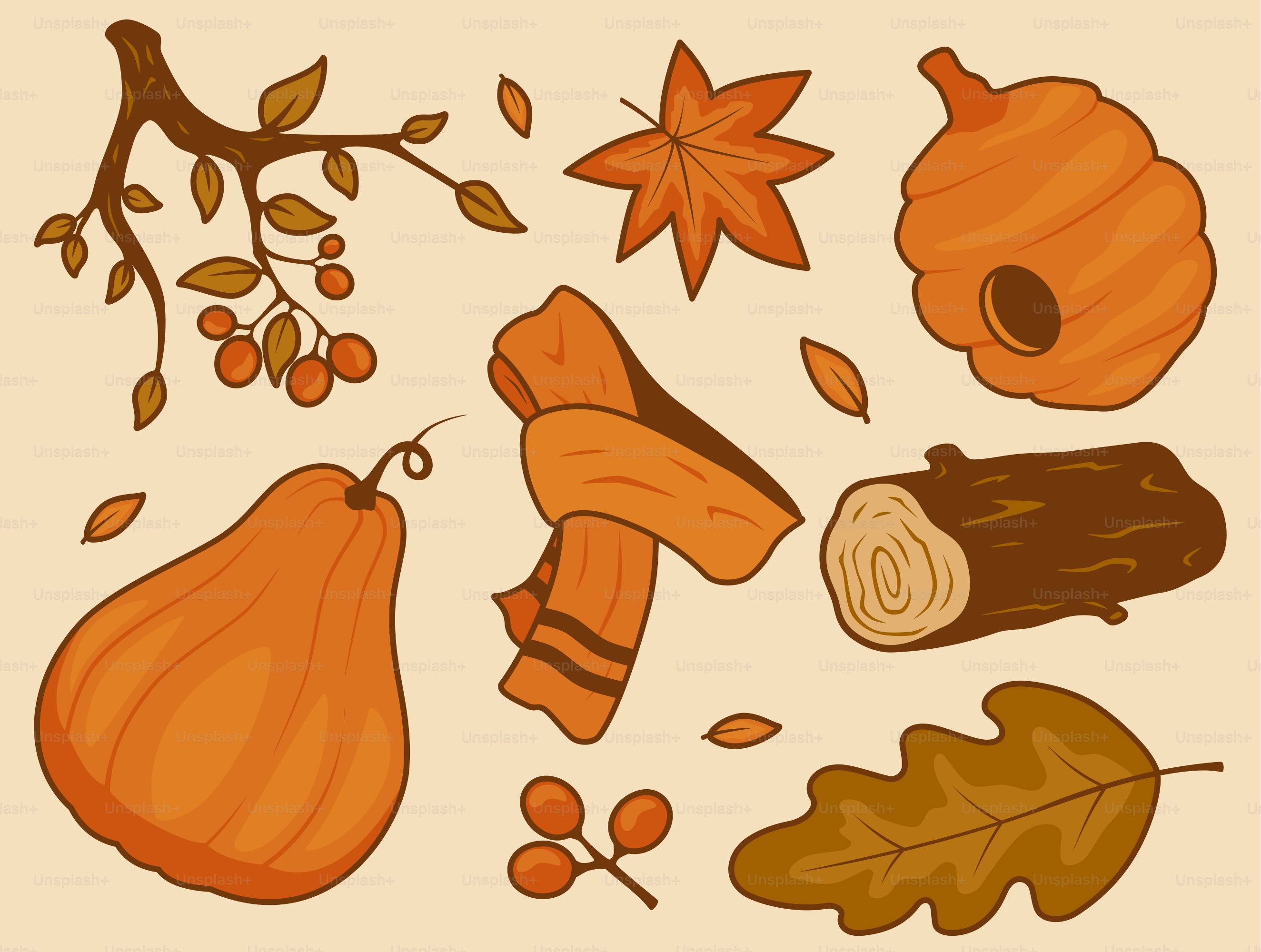 Autumnal elements including pumpkin, scarf, leaves, and berries.