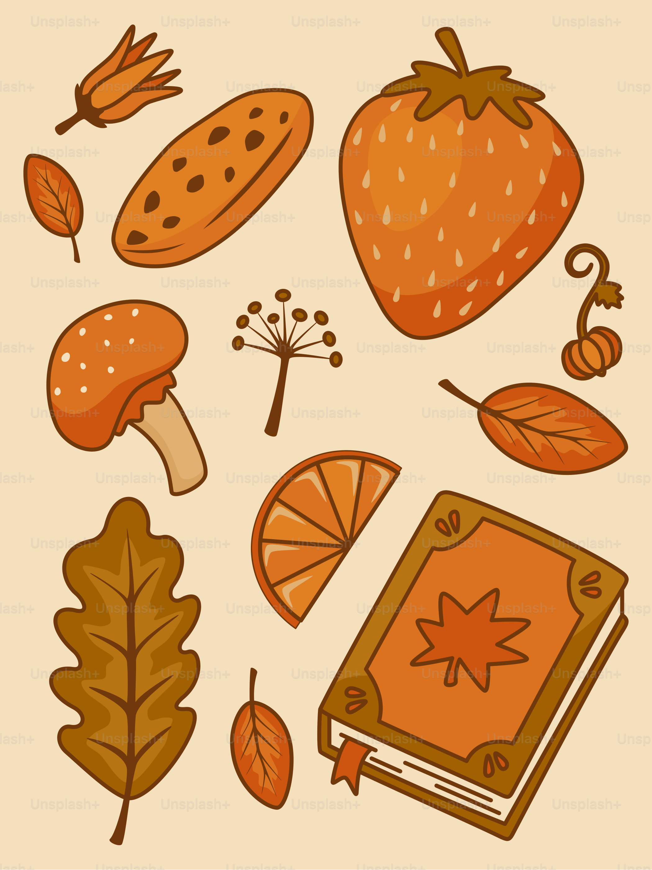 Herbstliche Elemente wie Blätter, Pilze und Erdbeere.