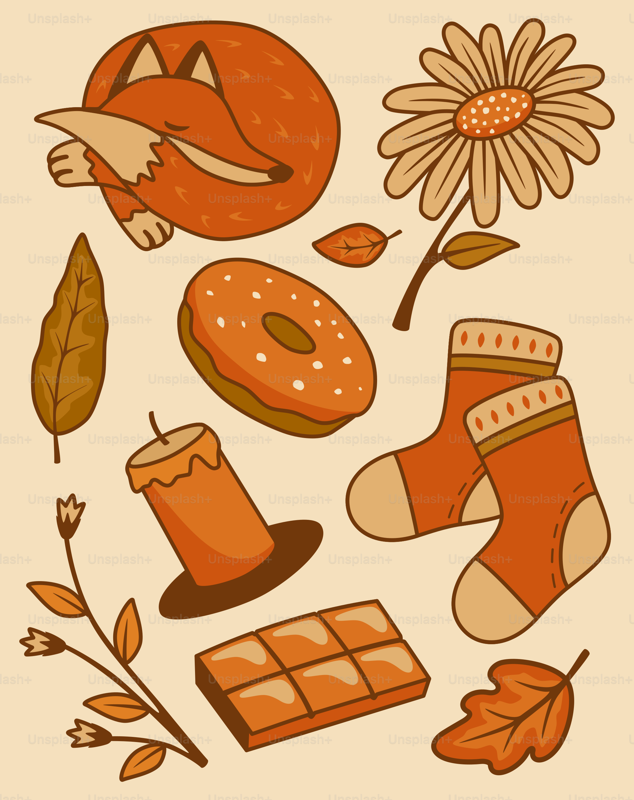 Cozy autumn elements including a sleeping fox and treats.