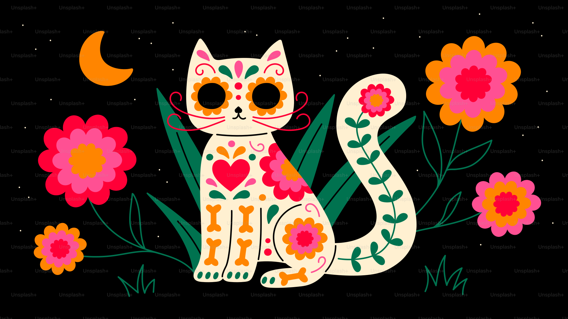A decorated cat with flowers and a moon