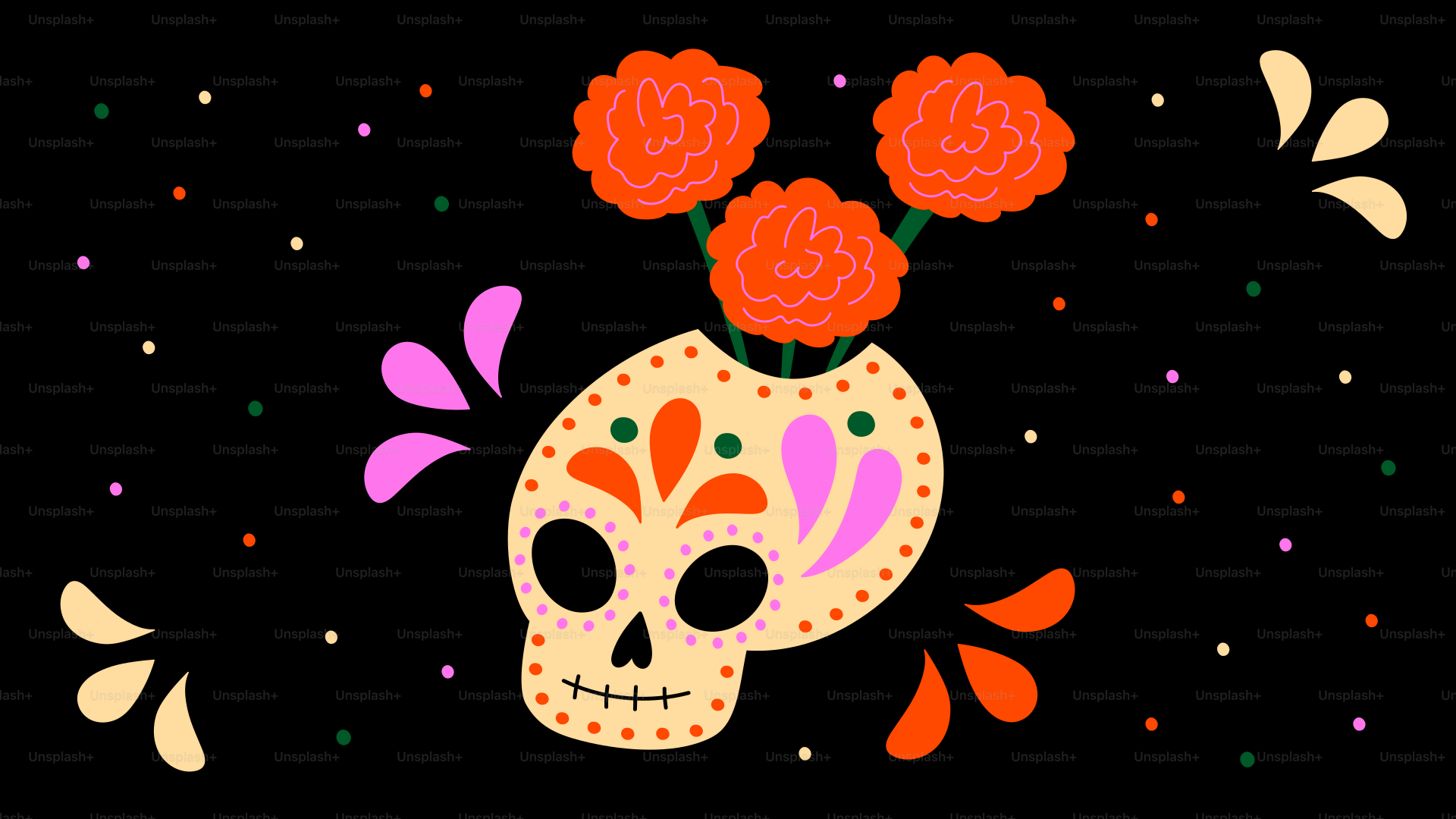 Decorated skull with flowers and colorful dots.