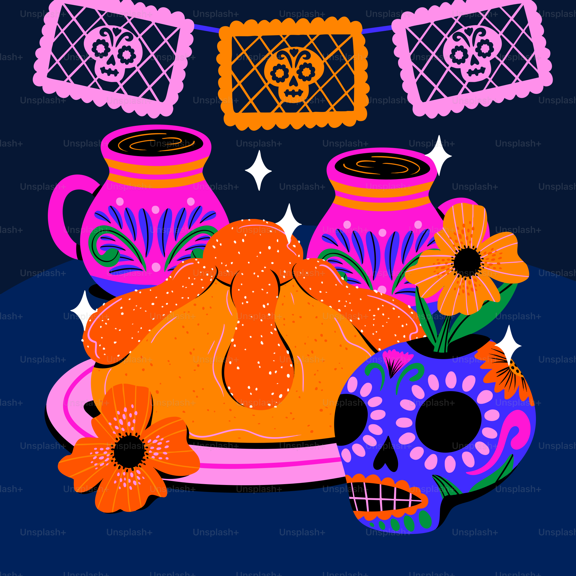 Dia de los muertos altar with bread and sugar skull