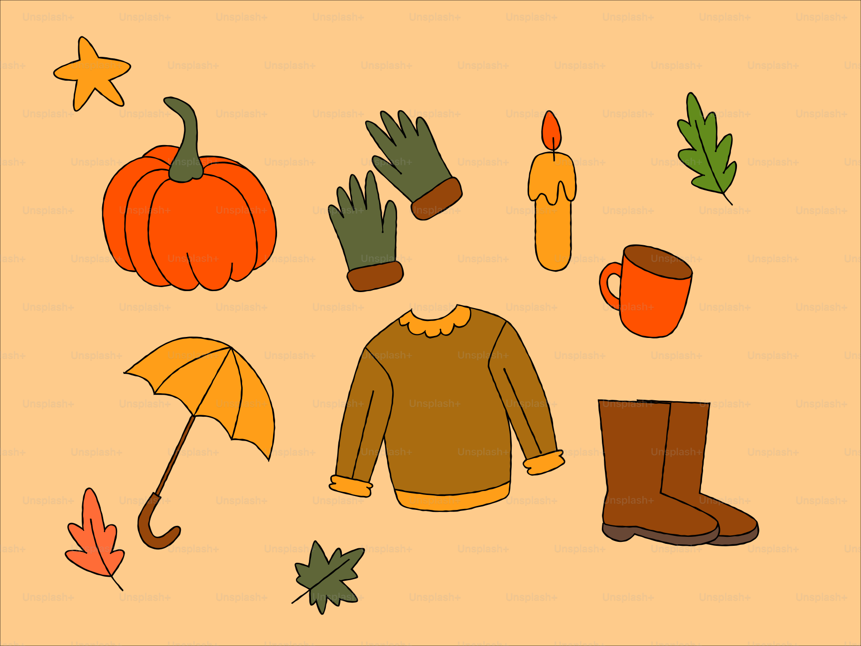 Oggetti a tema autunnale come zucca, maglione e ombrello