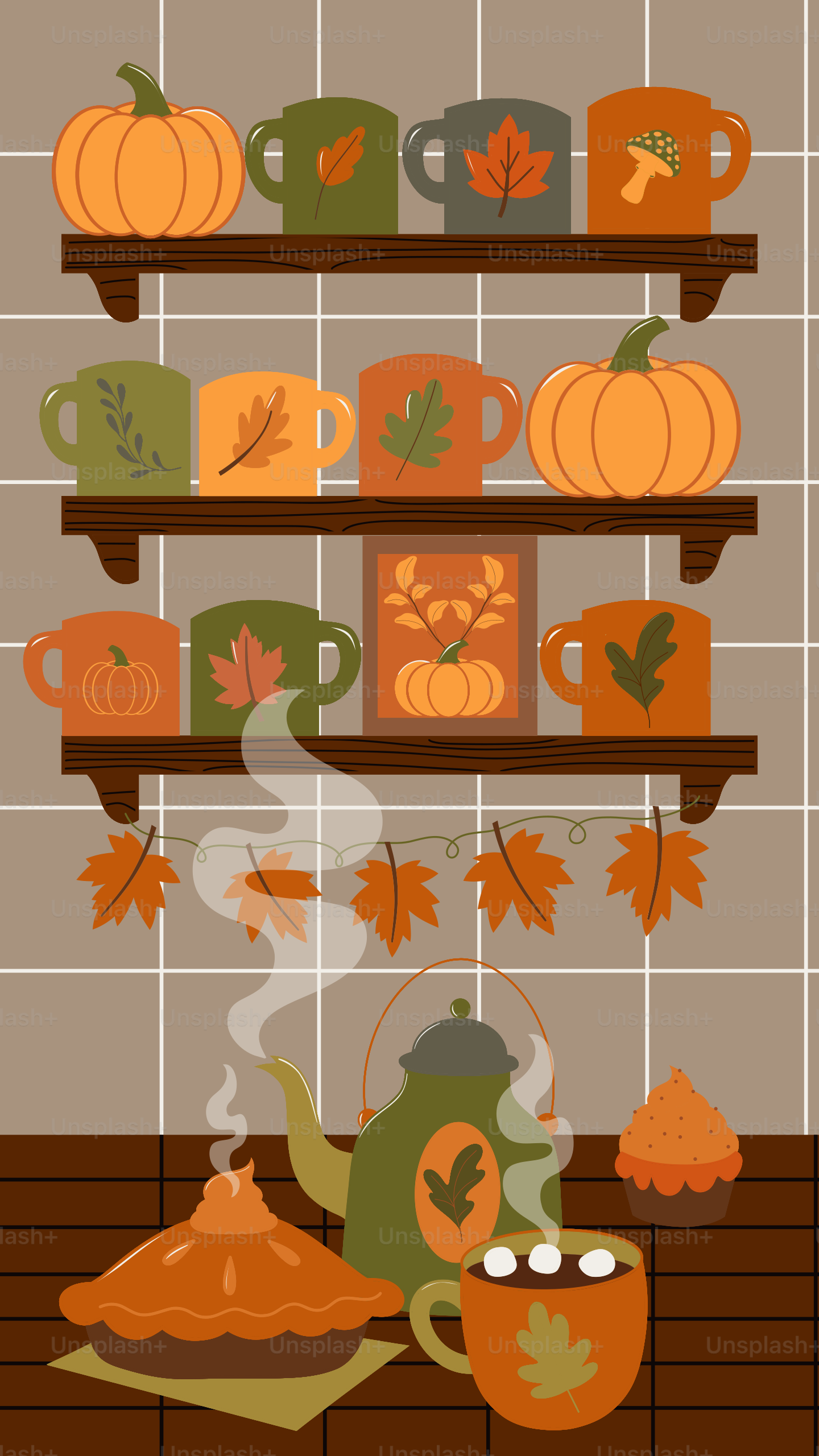 Autumn-themed mugs, pumpkins, pie, and hot drinks