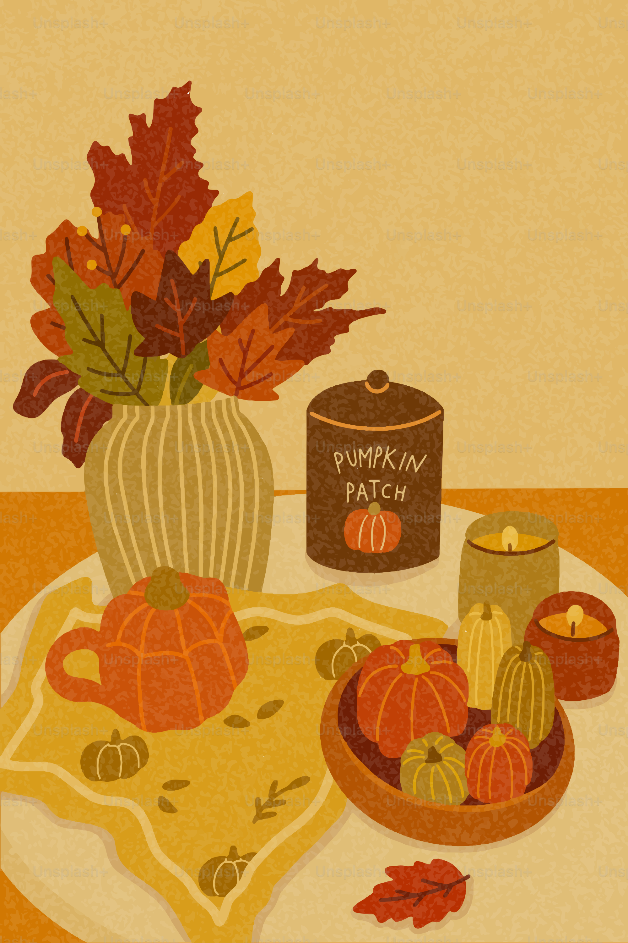 Autumn decorations with pumpkins, leaves, and candles.