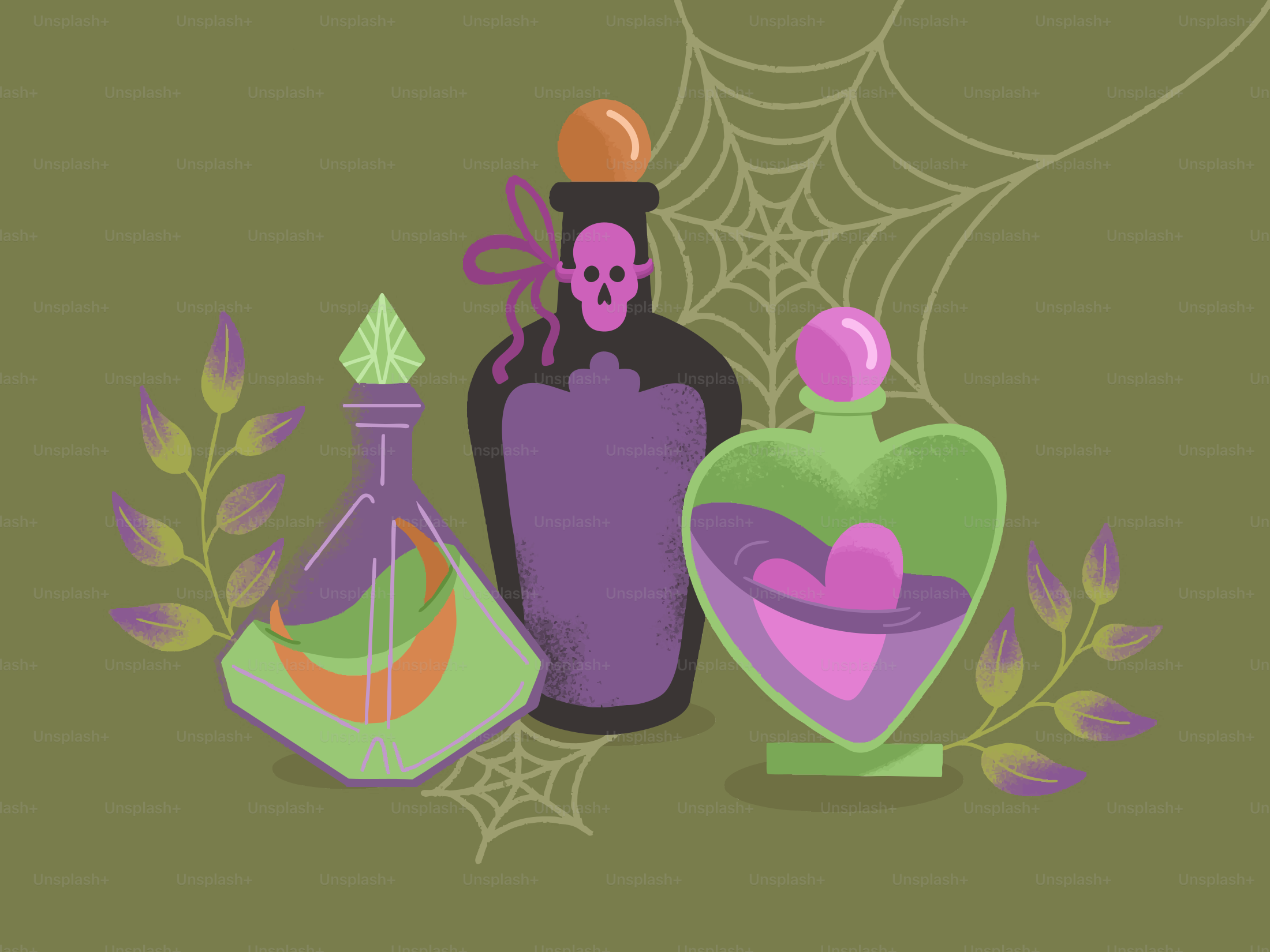 Three halloween potion bottles with cobwebs and foliage